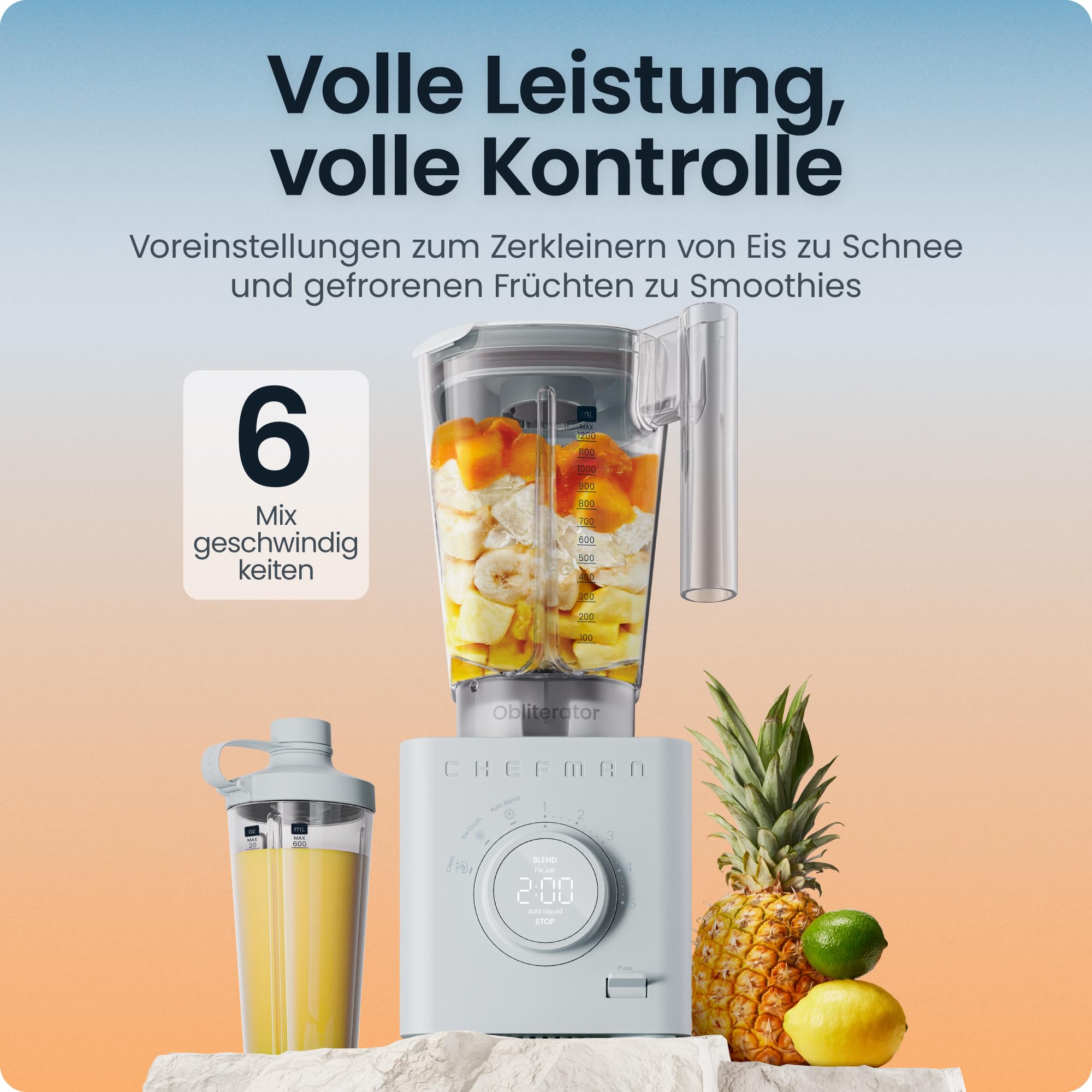 Chefman Obliterator Standmixer 1,2L 1350W, zerkleinert Eis & Früchte | für Smoothies, Edelstahlklinge, Auto-Blend, inkl. 600ml Reisebehälter, Betongrau