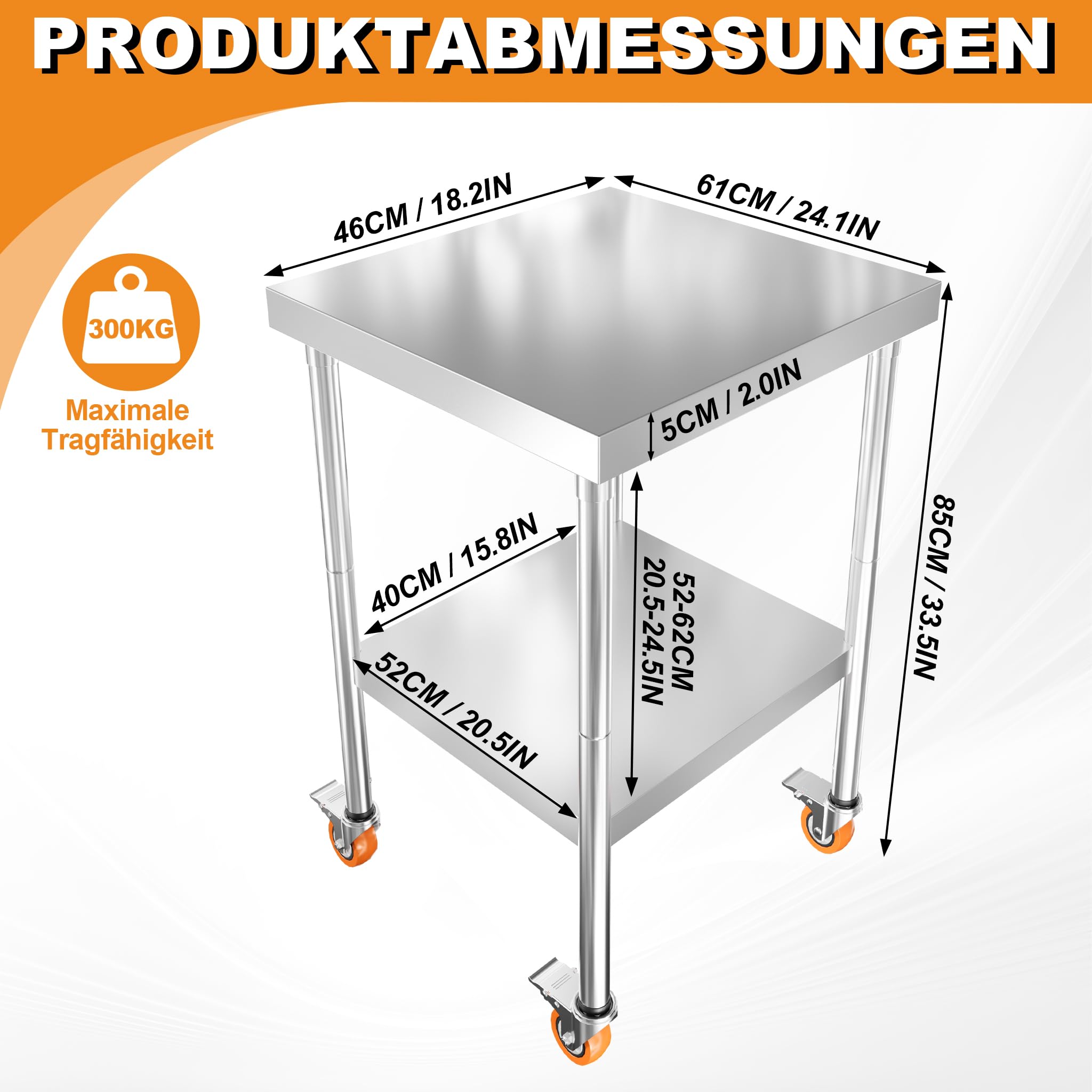 AufuN Edelstahl Arbeitstisch 61x46x85 cm mit Rollen & 2 Ebenen – Mobiler Arbeitstisch für Küche, Gewerbe, Restaurant & Hotel – Lebensmittelzubereitungstisch aus Edelstahl mit feststellbaren Rollen