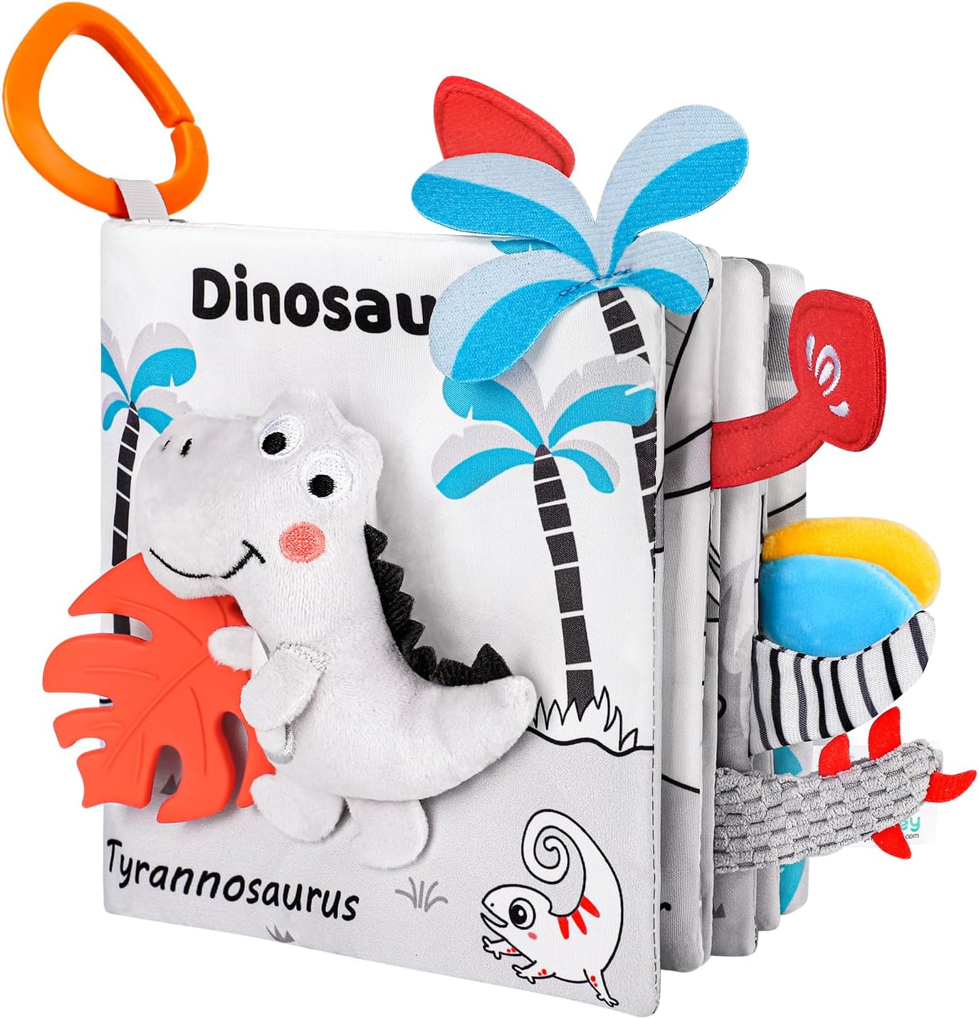 Dinosaur Fabric Book- Crinkle Sound, Touch & Feel, Press Squeaker with Soft Tail Plus Teether Feature - Baby Books Toys for Newborn Infants 0-12 Month