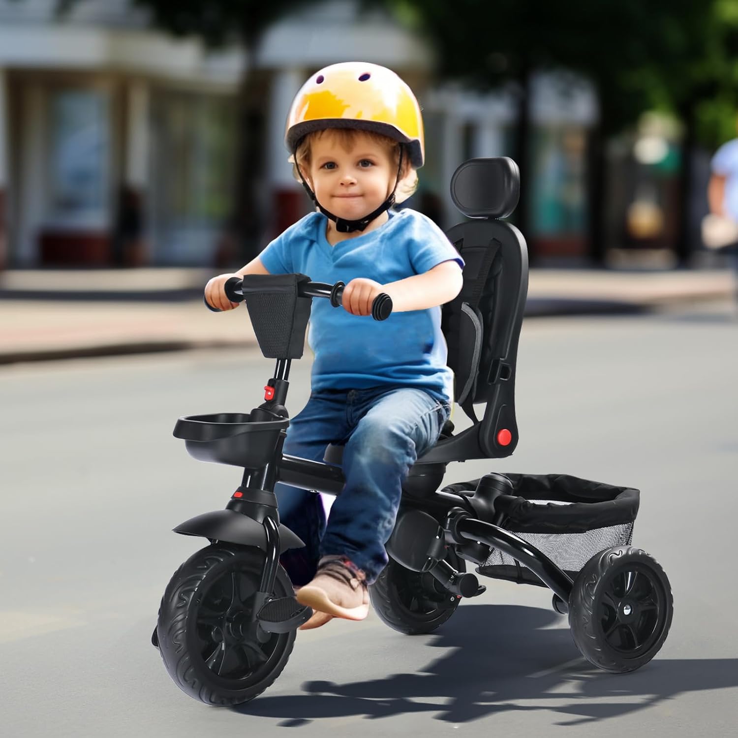 TODEFULL Folding Kids' Tricycle, 8 IN1 Baby Trike W/Removable Canpoy&Parental Push Rod, Toddler Bike Stroller for Kids 1-5 Years, 360° Swivel Seat, EVA Wheels，Storage Basket, Black