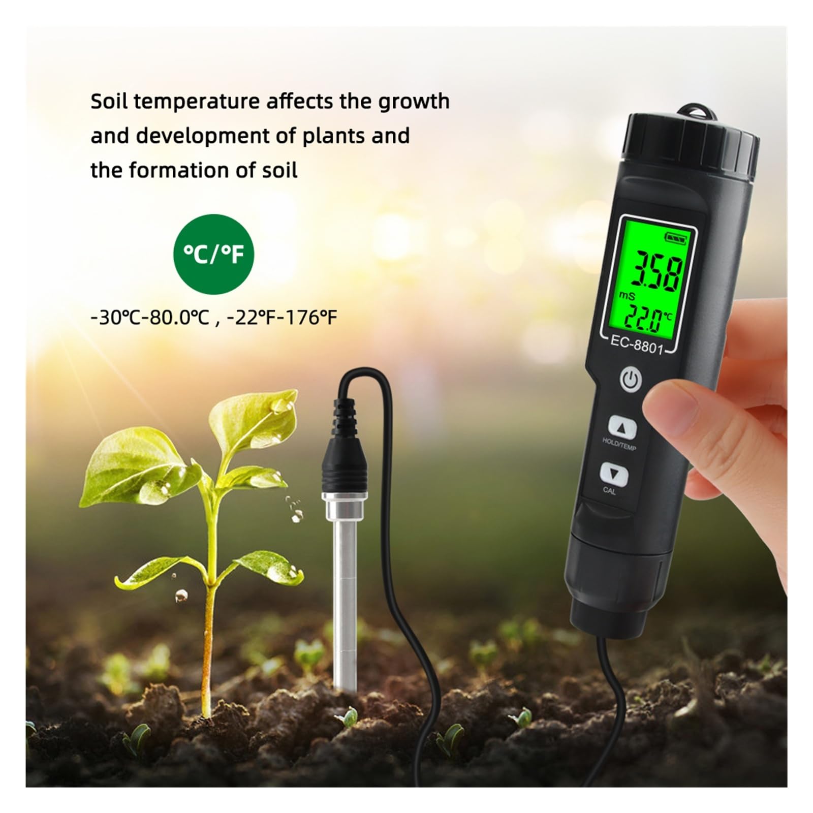 Medidor de Calidad del Agua, Termómetro Digital LCD multifunción for Suelos con CE, Resistente al Agua, retroiluminación y sonda Desmontable. para Campo y Laboratorio