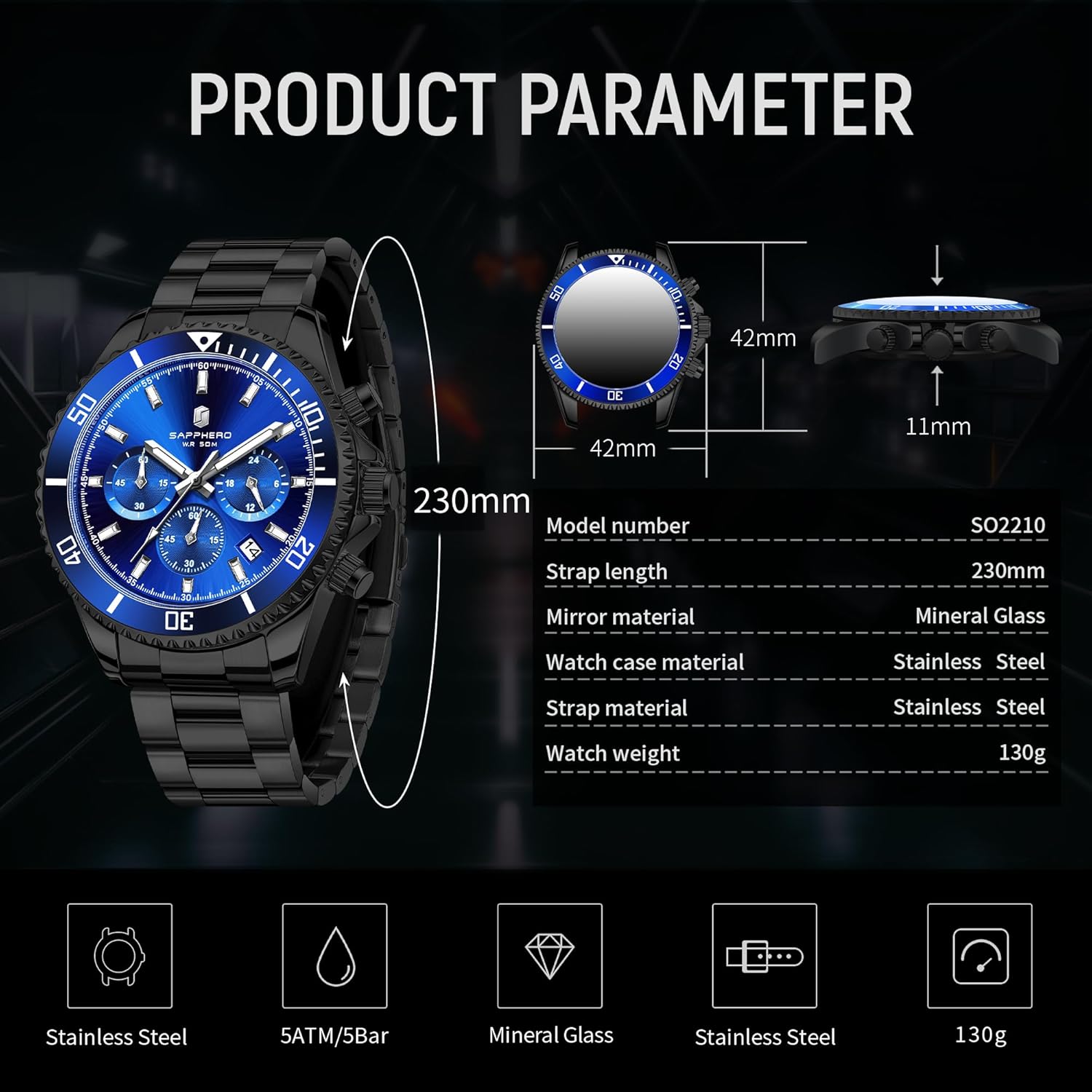 SAPPHERO Mens Watches Analog Quartz Chronograph Stainless Steel Watches for Men 50M Waterproof Men's Wrist Watches with Calendar Luxury Business Work Casual Watch Elegant Gifts for Men - Image 5