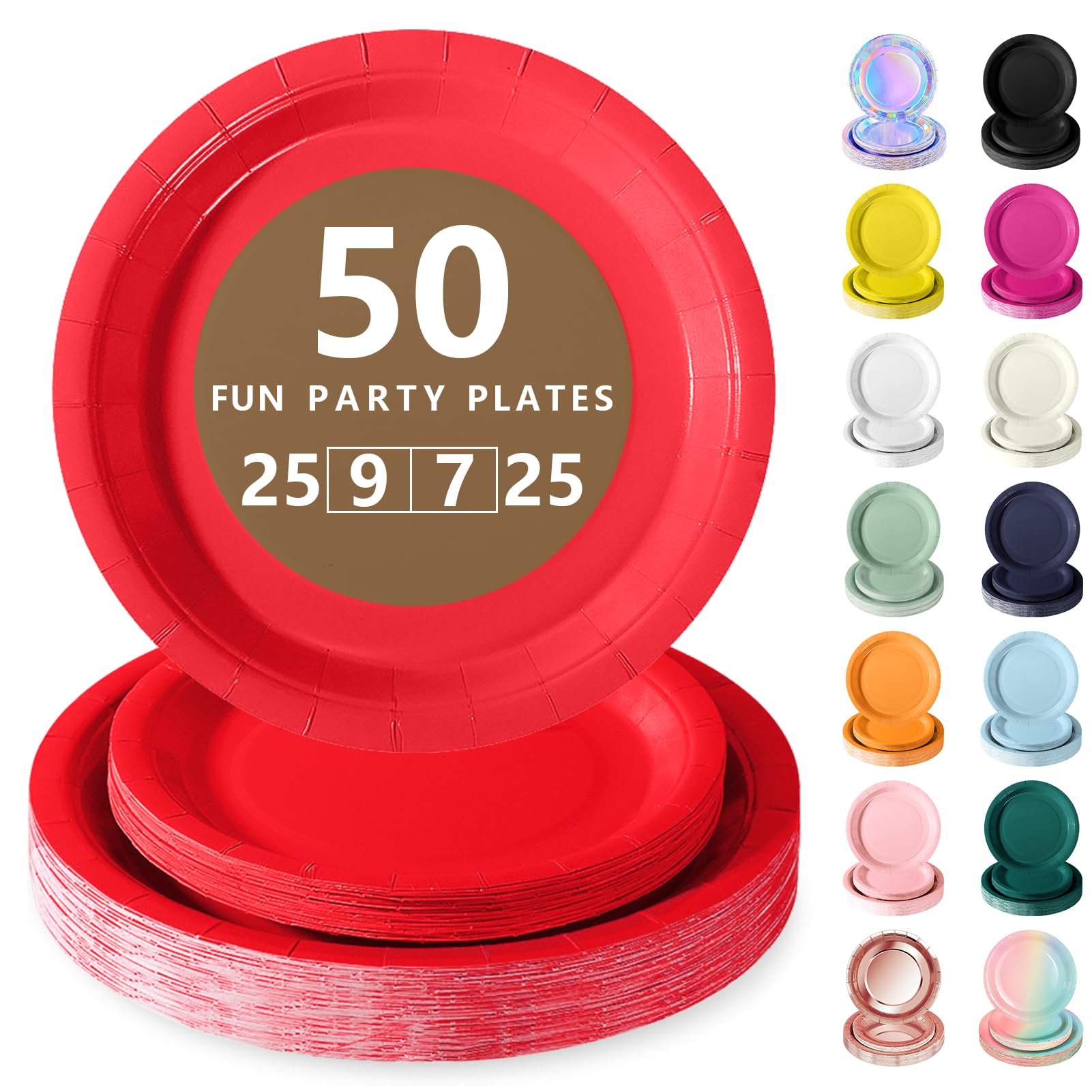 Nkaiso Disposable Paper Plates 50 Pack, Red Party Plates Dinner Set - 25x9inch & 25x7inch Plate Elegant Disposable Tableware for Birthday, Wedding, Christmas Party Supplies