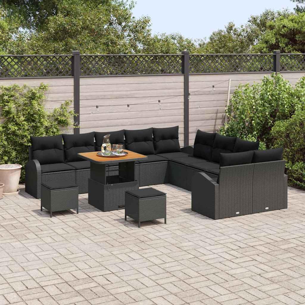 Garten Lounge Set Poly Rattan Möbel Schwarz 13-Teilig | Moderne Sitzgruppe mit Akazienholz-Tisch und Kissen für Terrasse, Balkon und Außenbereich mit zusätzlichem Stauraum.