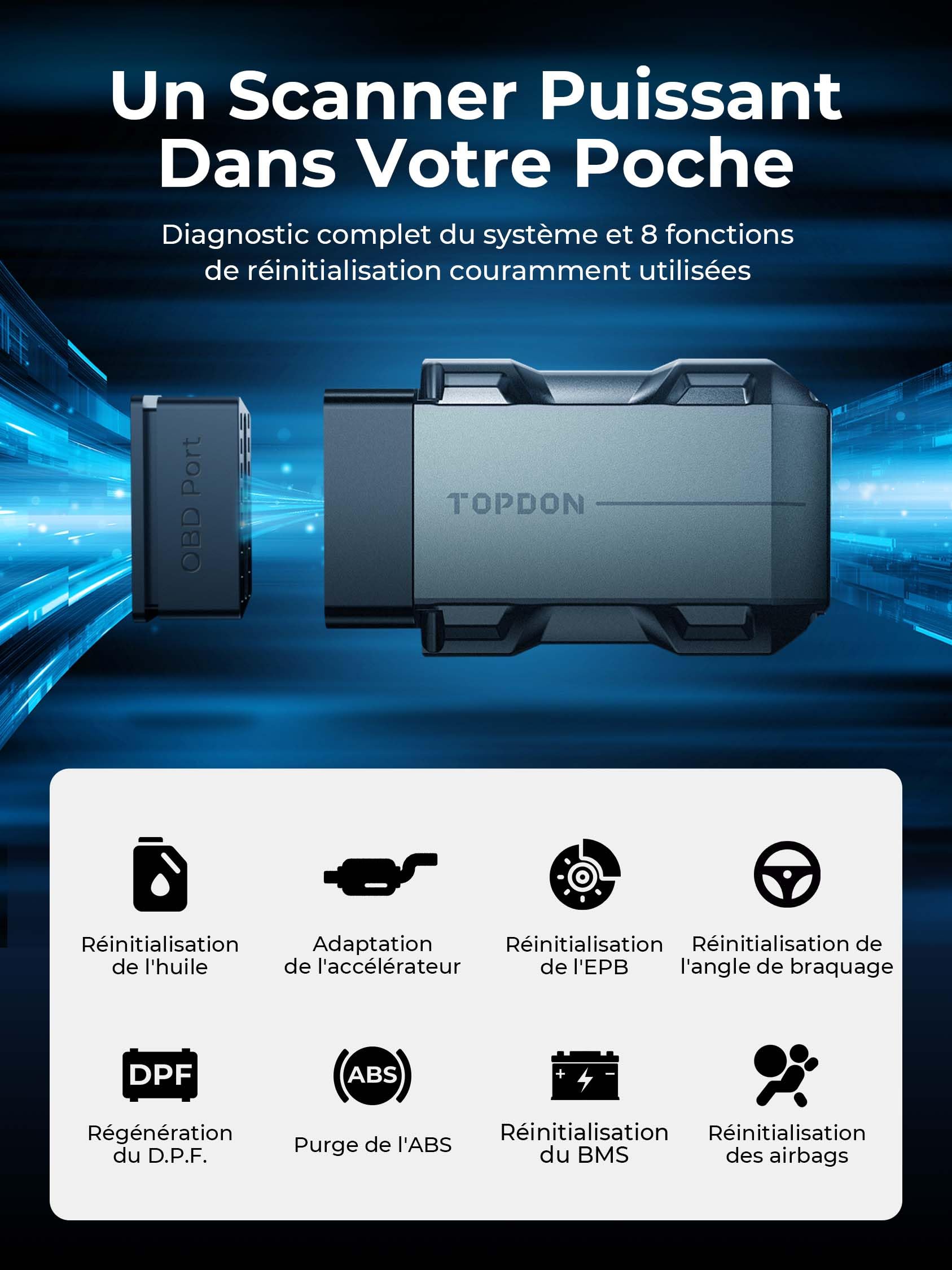 TOPDON Topscan Lite Scanner OBD2 Bluetooth, Outil de Diagnostic sans Fil OBDII pour Tous Les Systèmes Test Actif Lecteur Codes de Voiture Test du Véhicule pour iPhone Android, Logiciels 1 an Gratuit