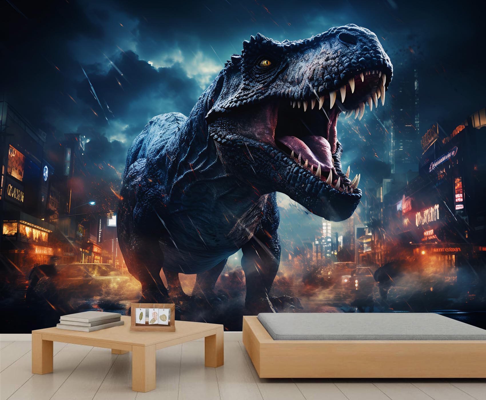 Papier peint dinosaure grand format pour chambre garçon sur le thème de la jungle urbaine sauvage