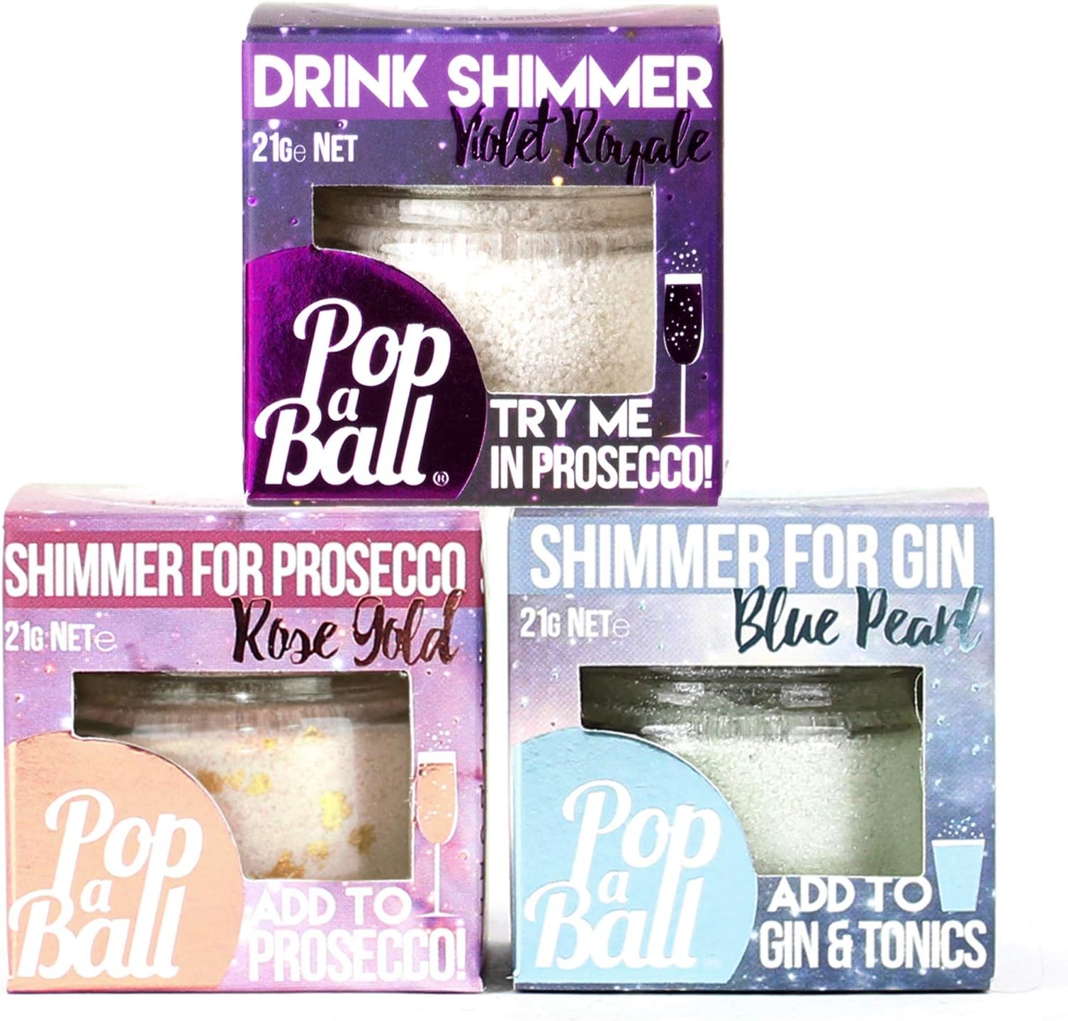 Drink Shimmer Blue Pearl, Rose Gold & Violet Royale | 3 x 21 grams | Prosecco, Gin, Mocktail & Cocktail Making Gifts | Gift Set Ideas for Her