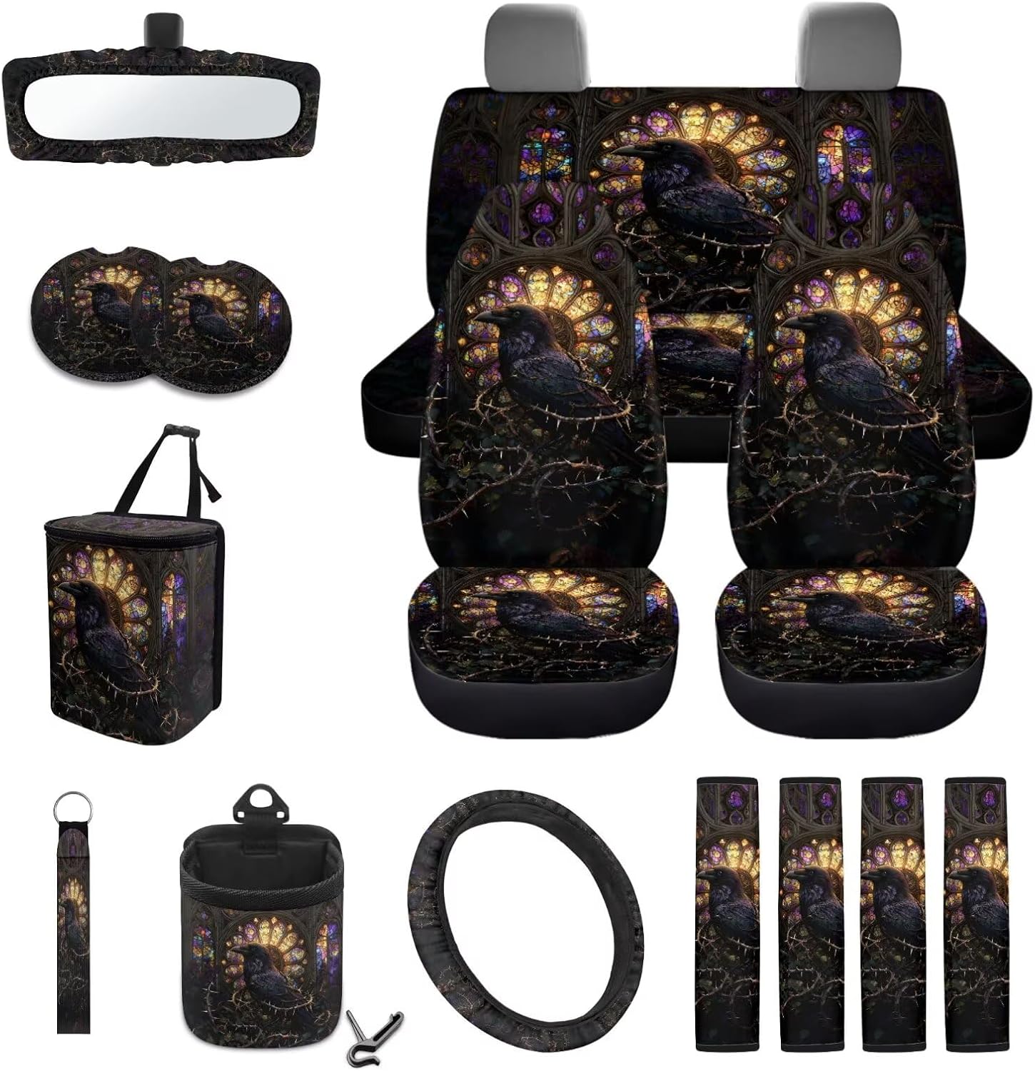 Raven Stained Glass Pattern 15 Pcs Car Accessories Sets Steering Wheel Cover Auto Trash Can Air Vent Pouch Seat Belt Pad Coaster Rearview Mirror Cover Keychain Fit for SUV Van Truck