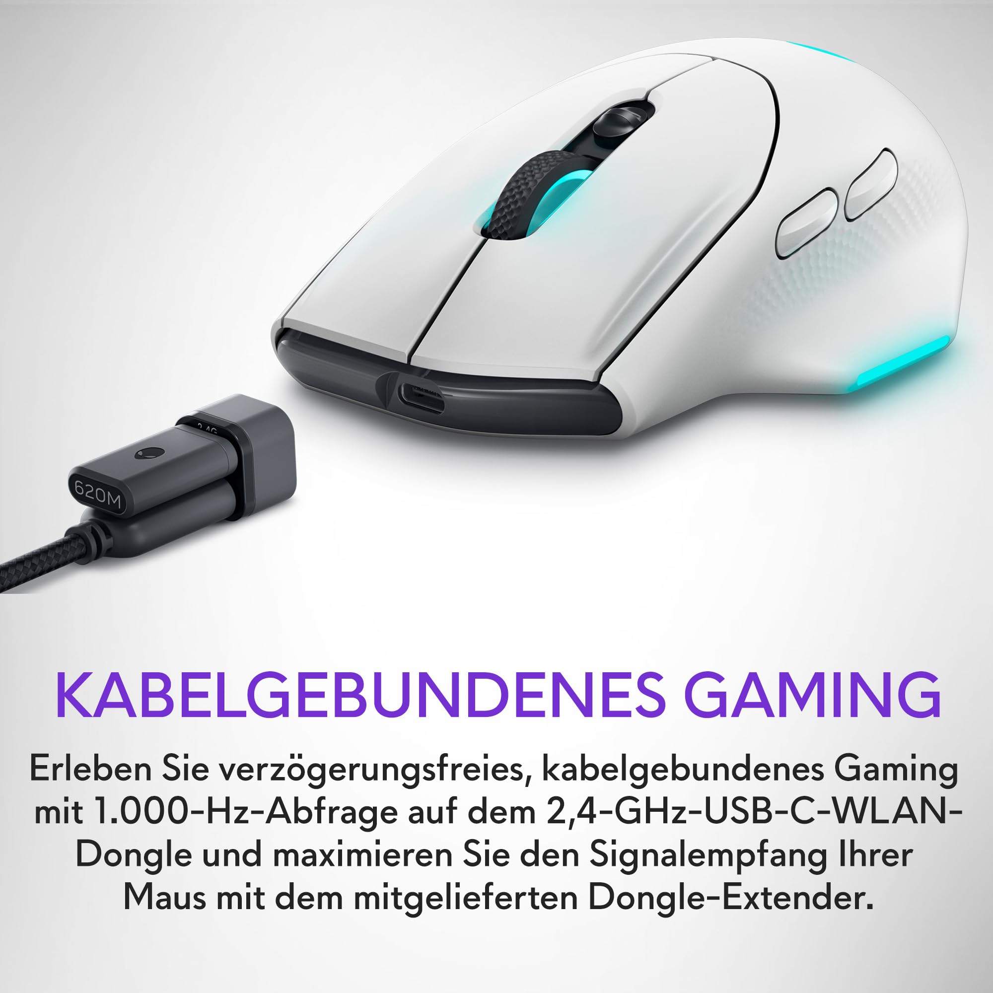 Alienware Gaming Mouse AW620M, 1 x USB Type A, 140 Stunden Akkulaufzeit | 26000 dpi, 1000 Hz Pollingrate, 7 programmierbare Tasten, 16,8 Mio. AlienFX-Beleuchtung, 99 g, 7,78 × 13,15 × 4,15 cm