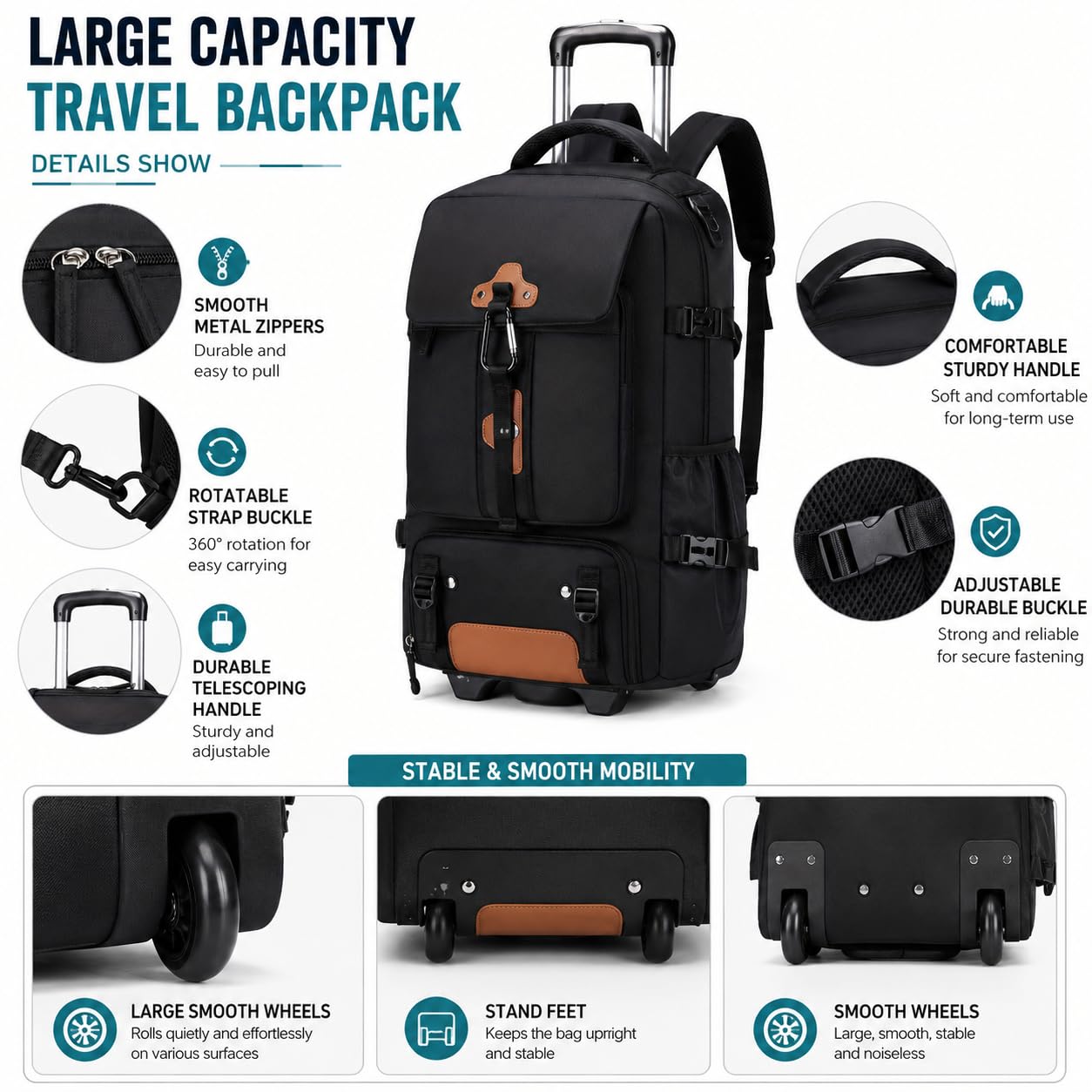 Zaino Trolley Viaggio Grande, Zaino Trolley Viaggio con Ruote per Uomo Donna, Grande Capacità 30L Tessuto Oxford per Outdoor Campeggio Lavoro (Nero)
