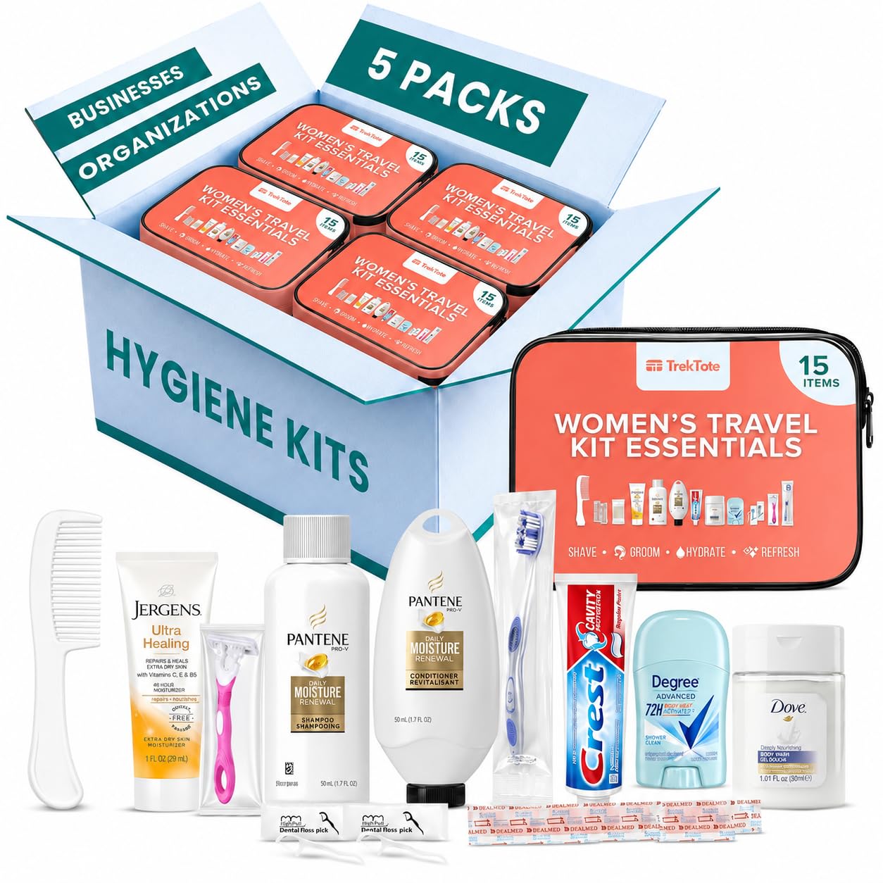 Bulk Women’s Hygiene Kit 15-Piece Travel Toiletry Kit