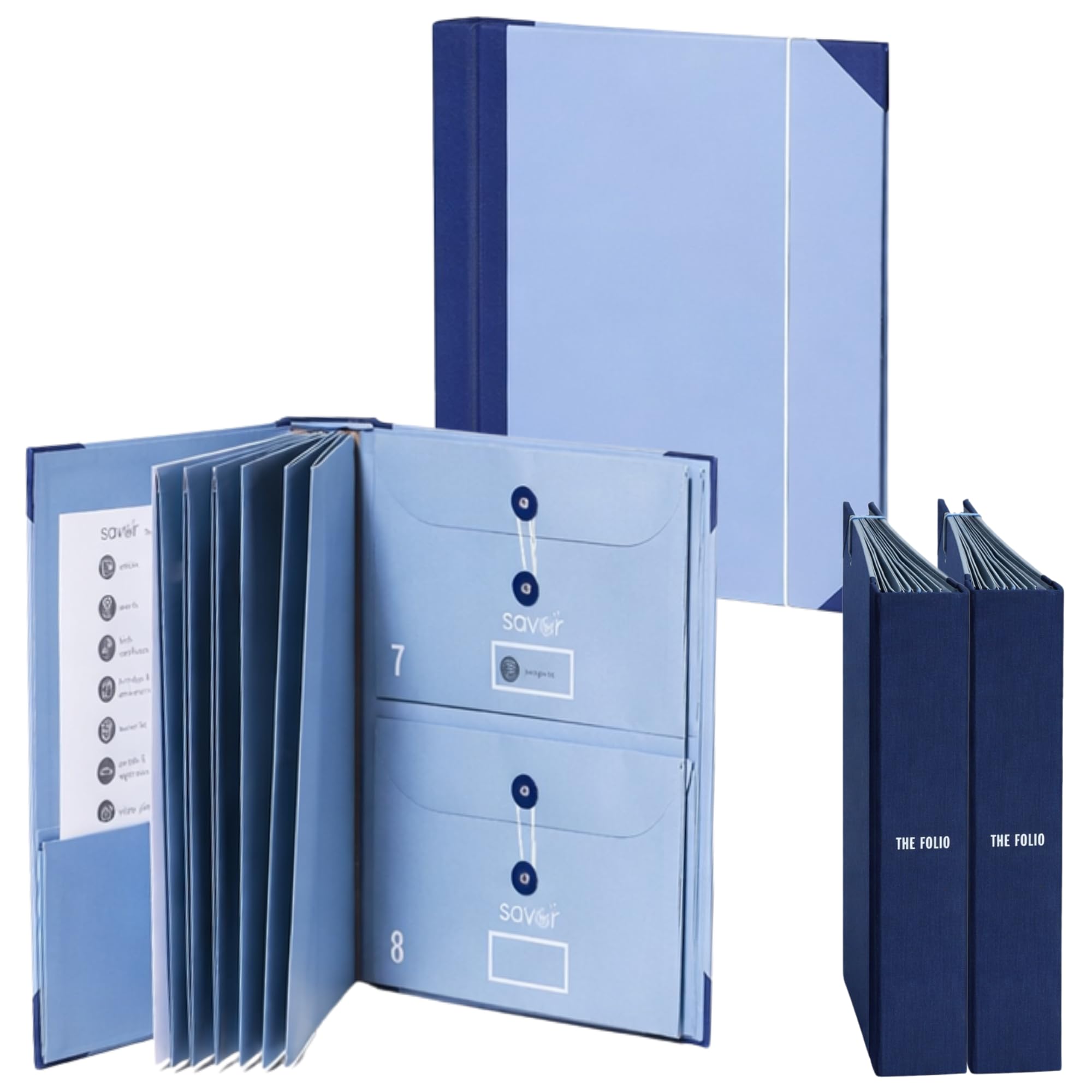 The Folio® Important Document Organizer by Savor | Binder with Guided Labels, Acid-Free File Folder Organizer with 10 Pockets, Document Holder for Home Records, Legal and Medical Papers (Blue) 2 Set