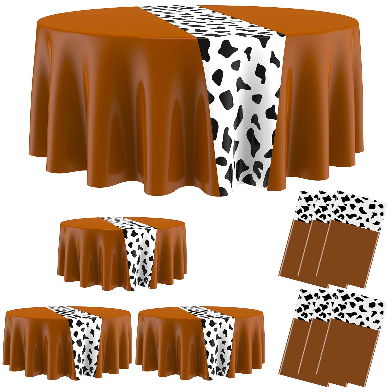 Moukeren 6 Pcs Cow Tablecloth for Party Round Cow Table Cover Print Runner Plastic Tablecloth Birthday Party Decorations for Home Dinner Picnic 84 Inch (Brown)