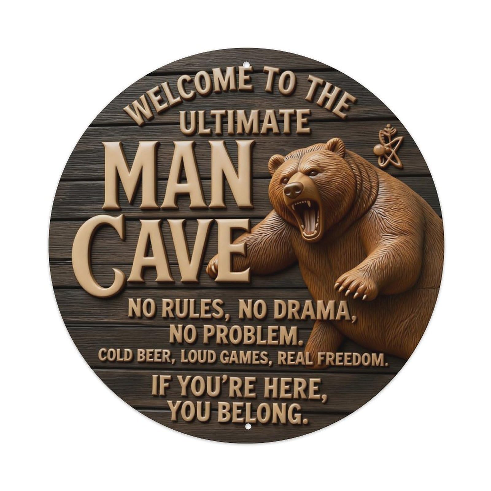 Bear Man Cave Sign Print Round Metal Tin Sign Vintage Wall Decor, Bar Garage Cafe Kitchen Home Wall Art Poster 8x8inches
