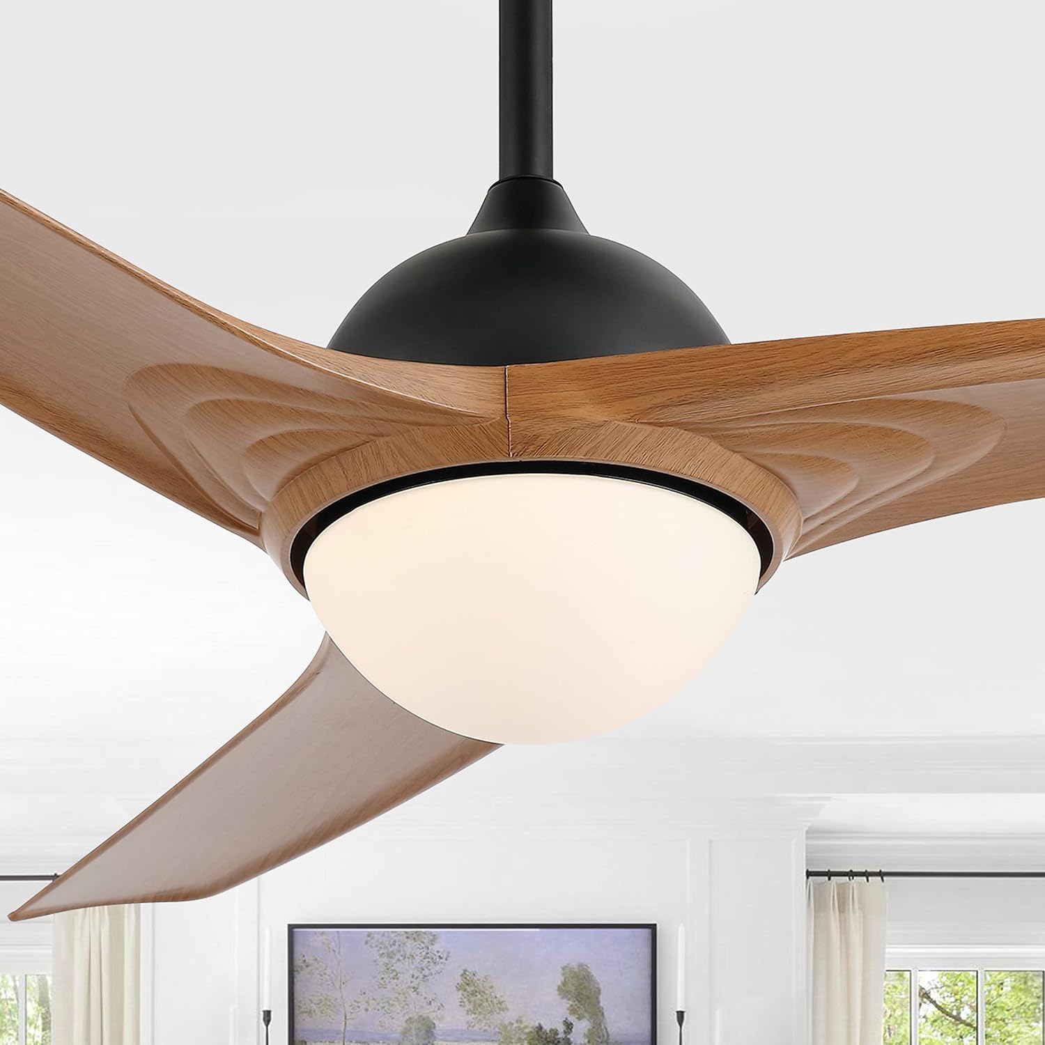 Eyely EYL9717E Sally 52" 1-Light Mobile-App/Remote-Controlled, 6-Speed Propeller Integrated LED Ceiling Fan, Contemporary, Industrial, Cottage for Bedroom, Living Room, Office, Light Brown Wood
