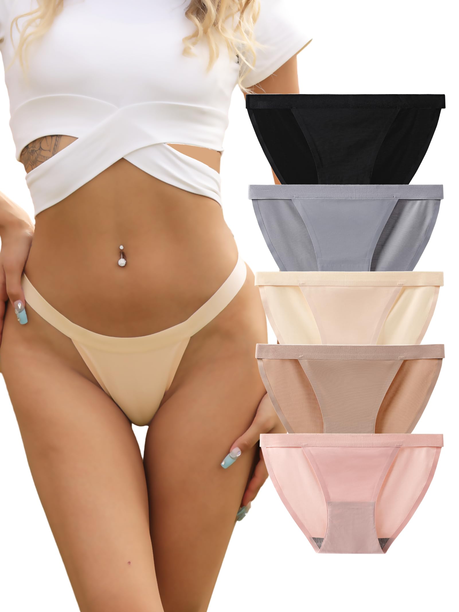 Buankoxy G-String Underwear for Women Seamless High Cut Bikini Panties Stretch Hipster Briefs 5 Pack