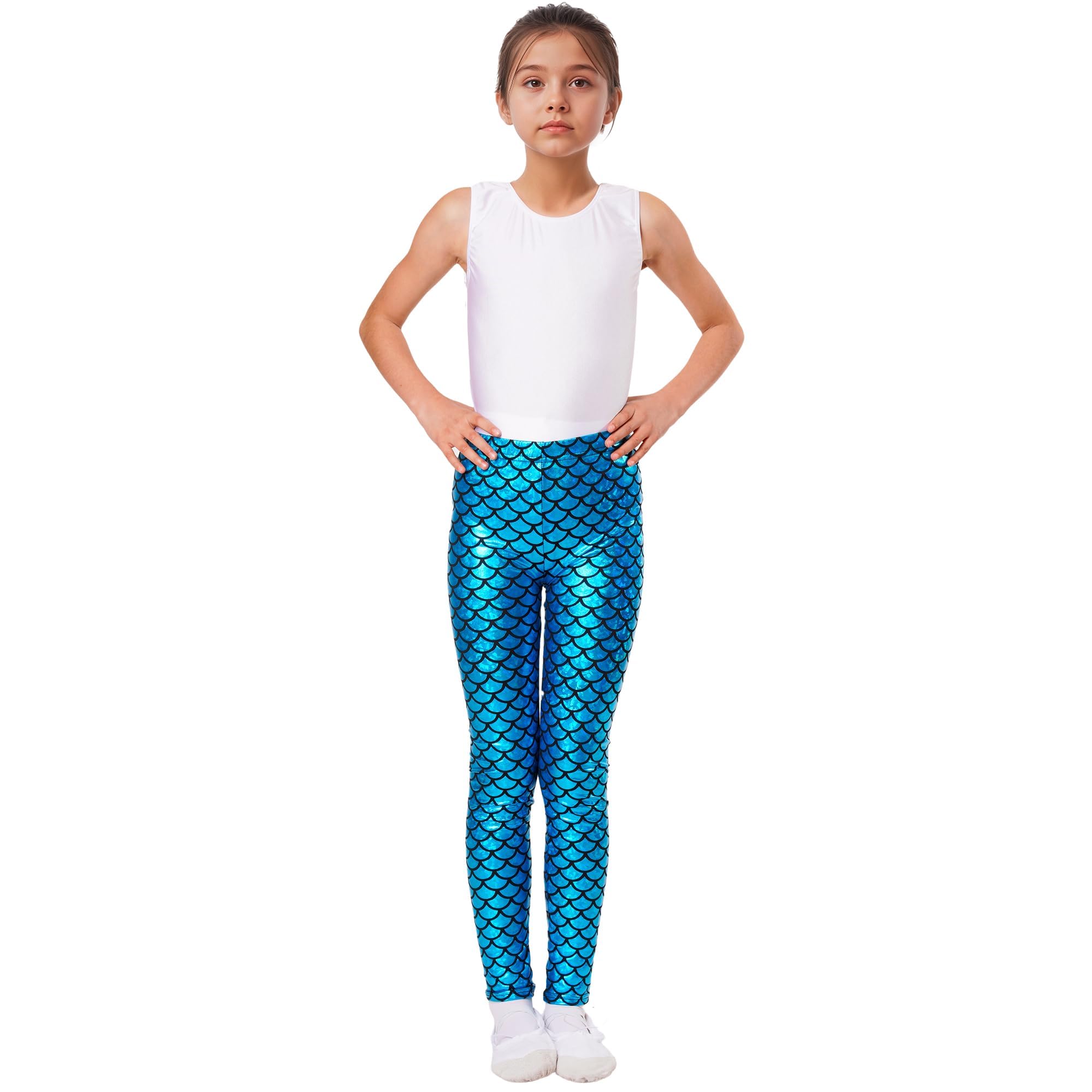 Wildarms Leggings per bambini con squame di pesce, pantaloni ispirati a sirena, per occasioni festive, Halloween, danza e Natale