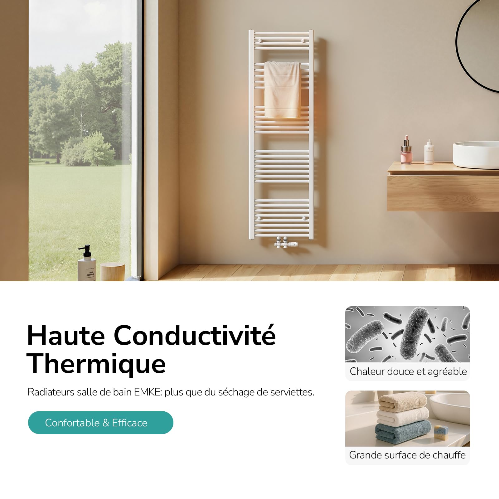 EMKE Radiateur Sèche-Serviettes Blanc 1000 x 400 mm, 356 Watts | Radiateur Sèche-Serviettes pour Salle de Bain Chauffage à Eau Chaude