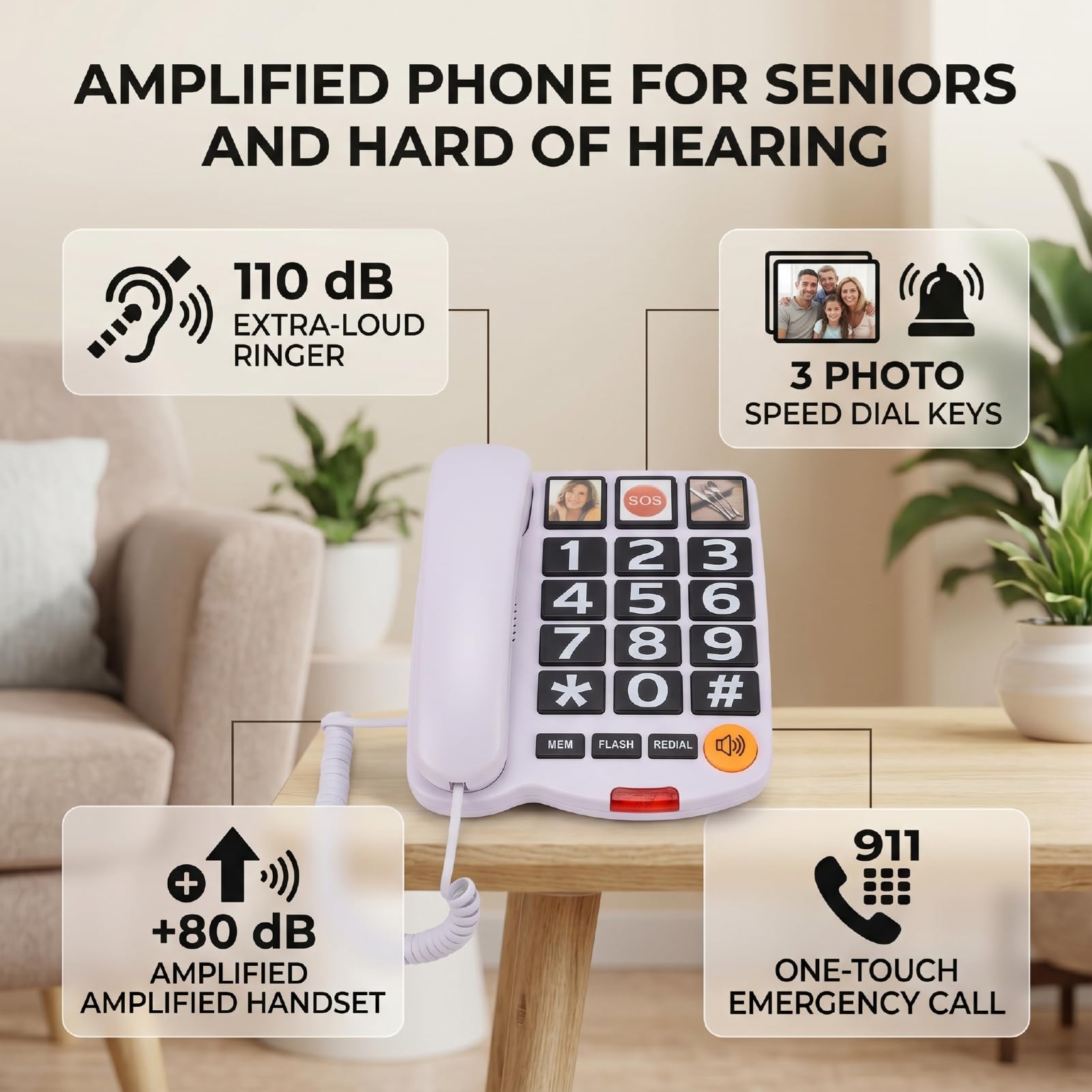 Topiky Telefono Fisso Extra Rumoroso da 110 DB, Telefono con Tasti Grandi per Anziani con 3 Foto, Chiamata Rapida, per Anziani con Demenza Alzheimer, Fisso con Filo (WHITE)