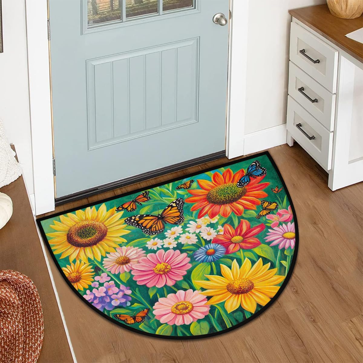 Half Round Door Mat Garden Spring Flowers Non Slip Absorbent Semi Circle Area Rugs Washable Half Moon Floor Mats for Indoor Patio Kitchen Bathroom Entryway Fireplace Home Carpet Decor