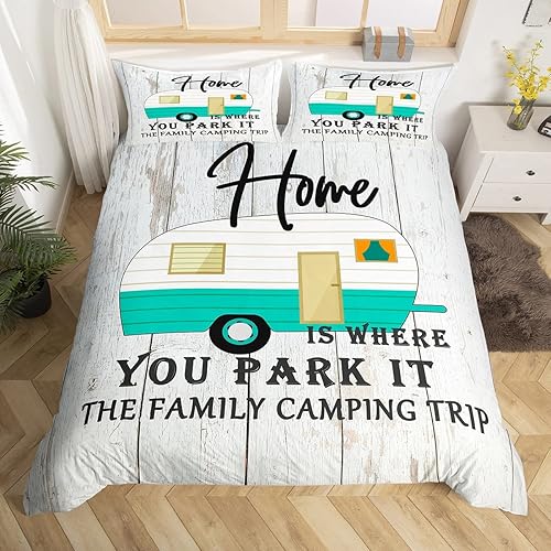 Funda de edredón Happy Camping Queen para niños y niños, juego de ropa de cama con 2 fundas de almohada, funda de edredón rústica de 3 piezas, suave