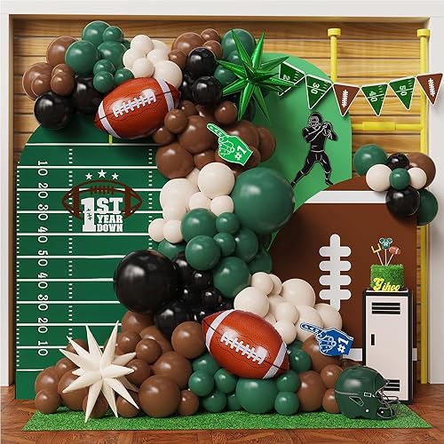 Football Balloon Arch Kit 141pcs Emerald Green Brown White Sand Balloons for Super Bowl Touch Down Sports Football 1st Year Down Birthday Party Decorations