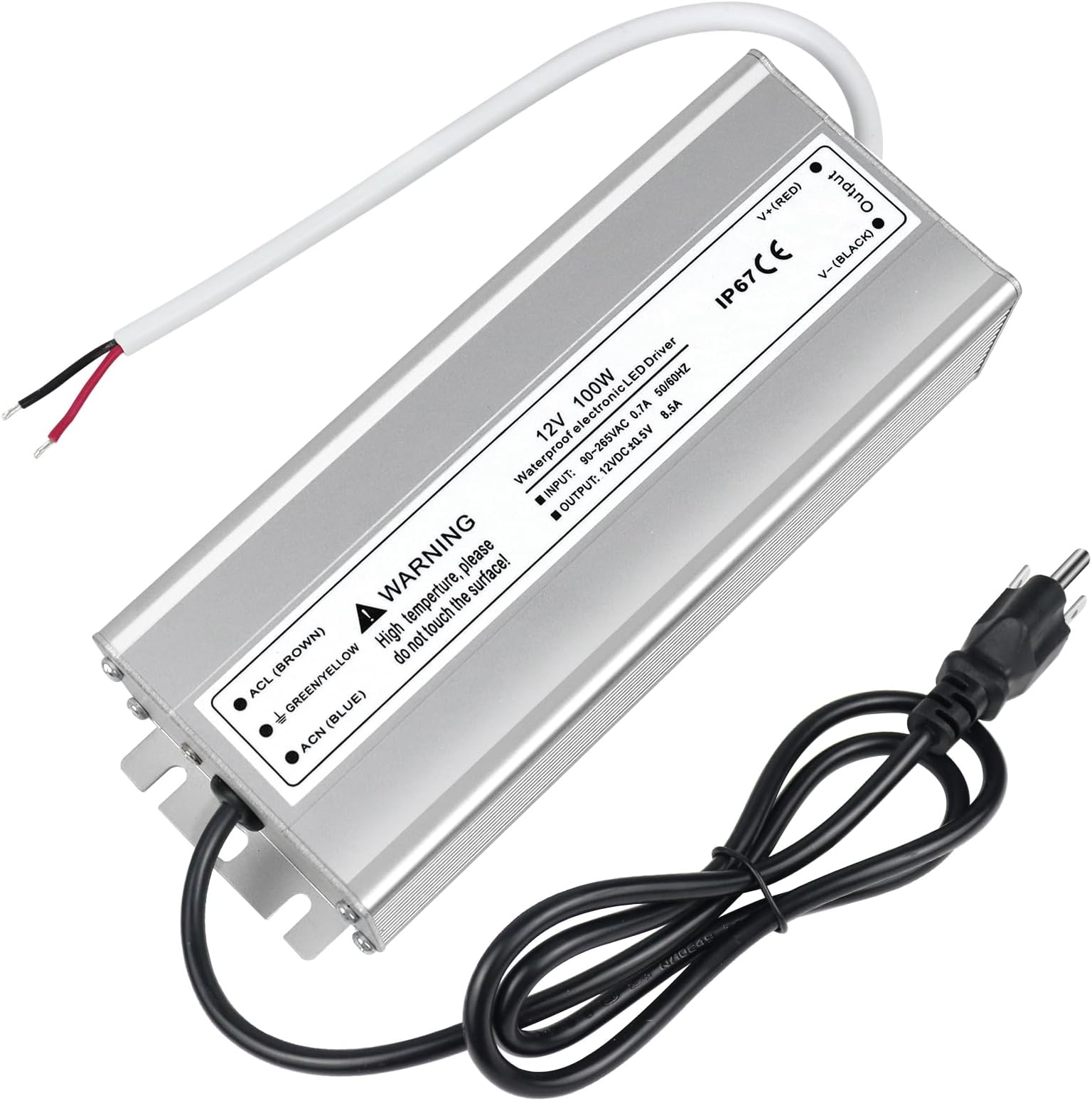 LightingWill LED Driver 100 Watts Waterproof IP67 Power Supply Transformer, 90-265V AC to 12V DC Low Voltage Output, Adapter with 3-Prong Plug 3.3 Feet Cable for Outdoor Use, Computer Project
