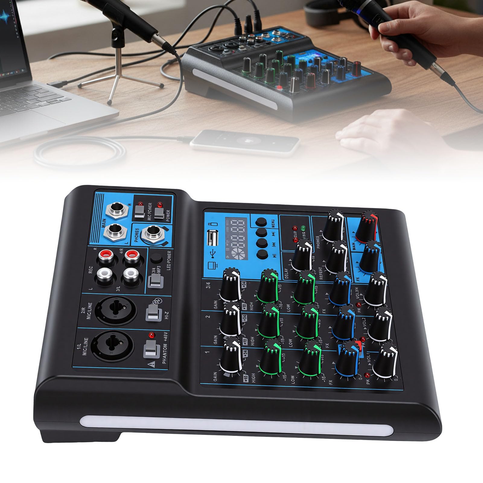 Tonysa Set di Microfoni Mixer a 4 con Doppio Microfono UHF Wireless Console di Missaggio RGB per Karaoke Domestico Supporto DJ MP3 Alimentazione Bluetooth 48V Interfaccia USB