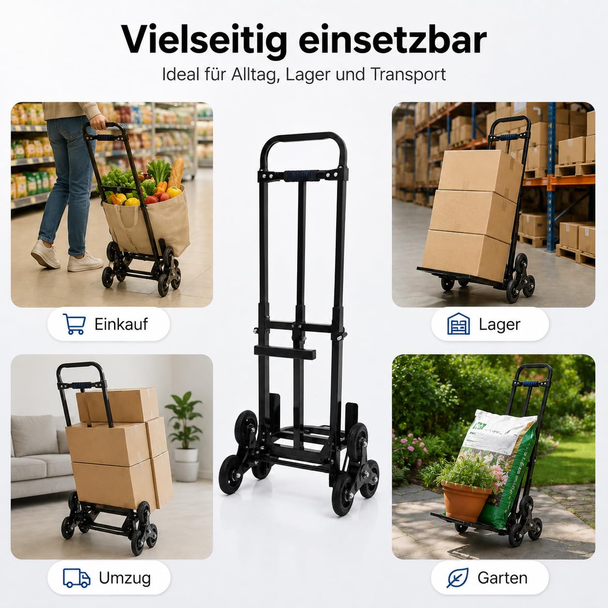 Treppensteiger Sackkarre klappbar bis 210kg - Profi Treppensackkarre aus Stahl mit 6 PU-Rädern,Transportkarre höhenverstellbar 73-114,5cm für Umzug & Treppen, Schwarz