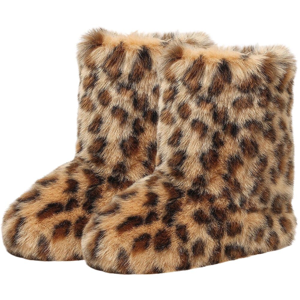 Bottes en fausse fourrure pour femmes chaudes plates style Y2K léopard