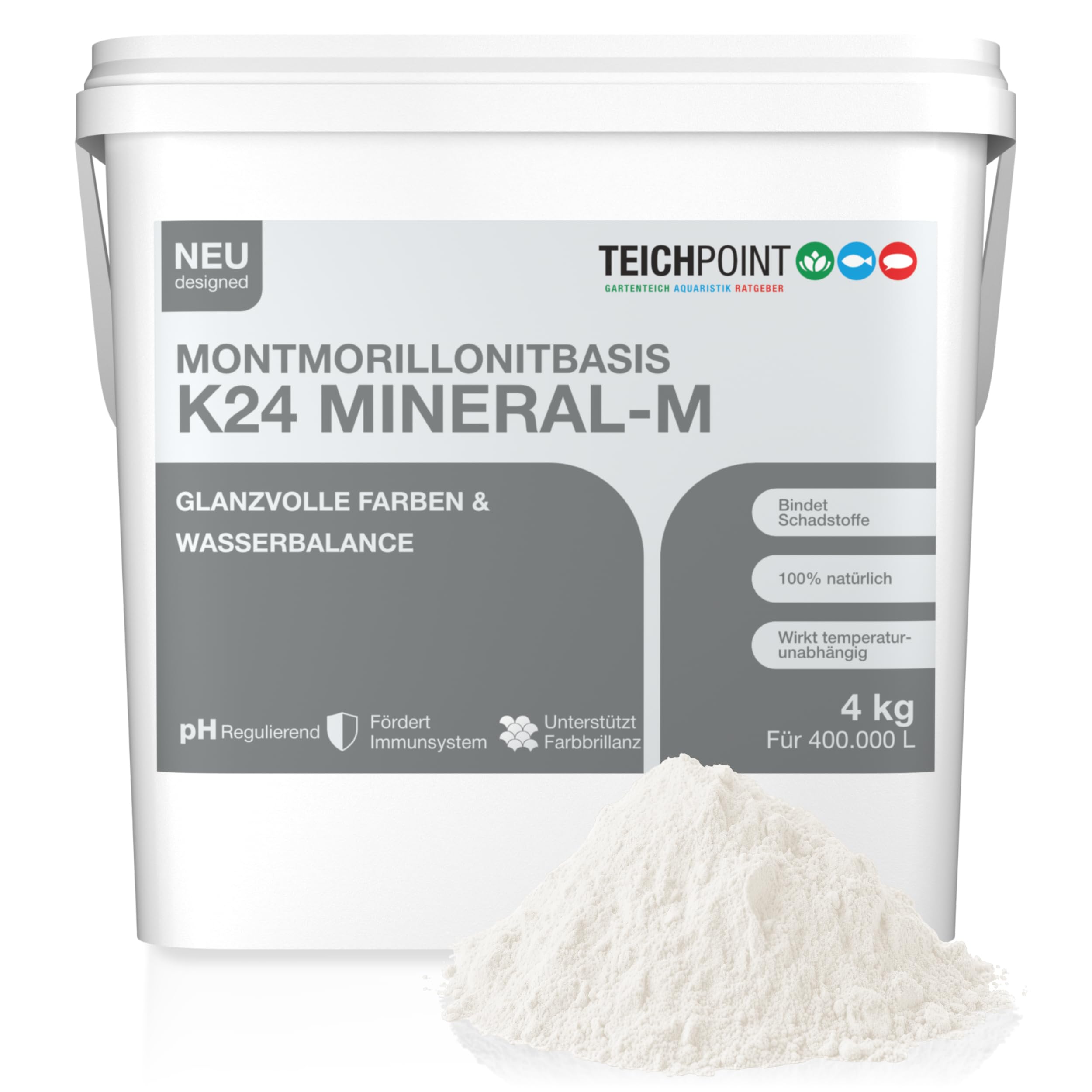 Teichpoint K24 Mineral-M 4 kg | Feines Montmorillonit Pulver bindet Schadstoffe und reduziert Trübungen im Garten und Koi Teich | Für ausgeglichenes Teichwasser | Reichweite 400.000 Liter