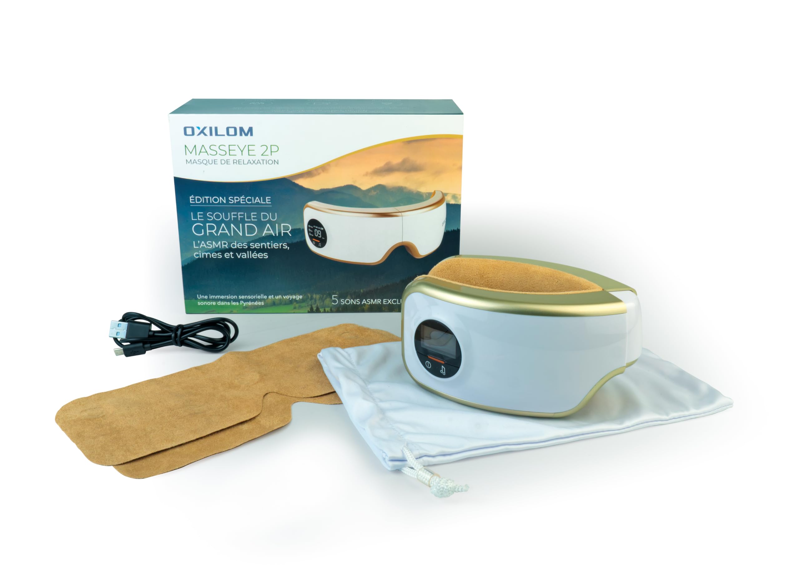 Masque de Relaxation Premium OXILOM MassEye 2P – Sons ASMR intégrés Évasion Montagne – Chaleur, Vibrations, Pression – Soulage Fatigue Visuelle, Stress, Sommeil - Cadeau Bien-Etre