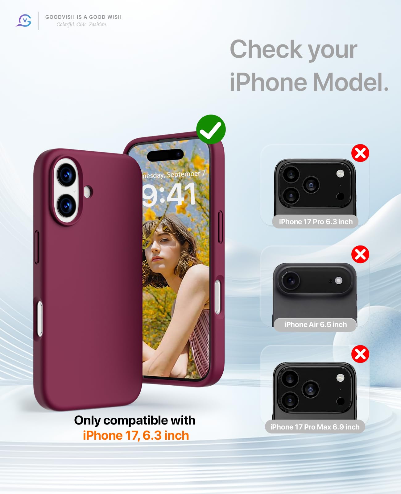 GOODVISH 3 in 1 Silicone Cover per iPhone 17 6.3", Custodia con 2 Pellicola Vetro Temperato [Protezione Fotocamera] 360° Protezione Anticaduta Case per Cellulare Antiurto Resistente, Vino Rosso