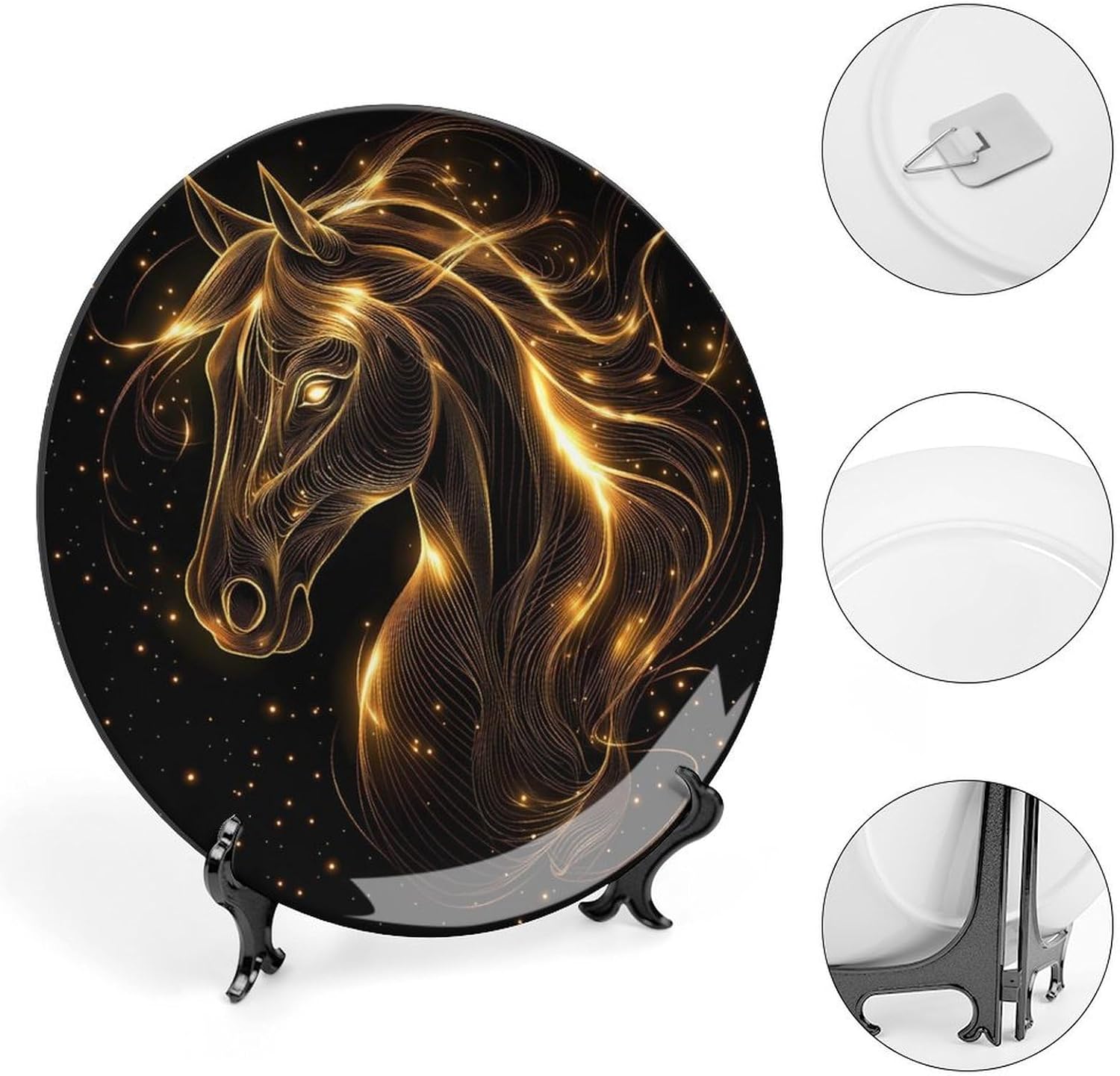 Glowing Golden Horse Head Decorative Plates for Display Ceramic Plate Tray with Stand Hanger Home Decor