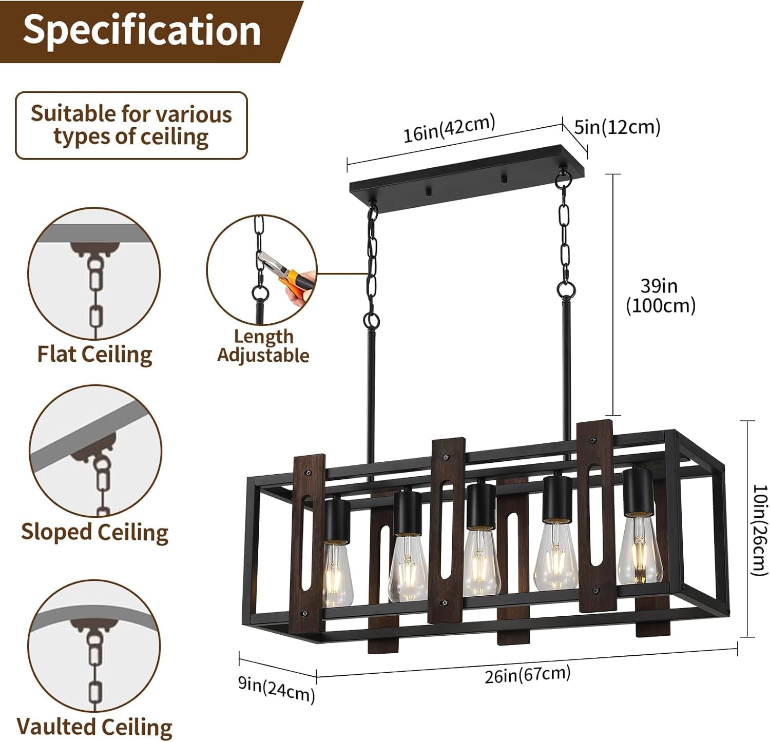 5-Light Farmhouse Linear Light Fixture Black Chandelier, Vintage Wood Kitchen Island Light Fixtures, Rectangular Metal Cage Table Pendant Lighting for Dining Room, Kitchen,Living Room(26"x9"x10")