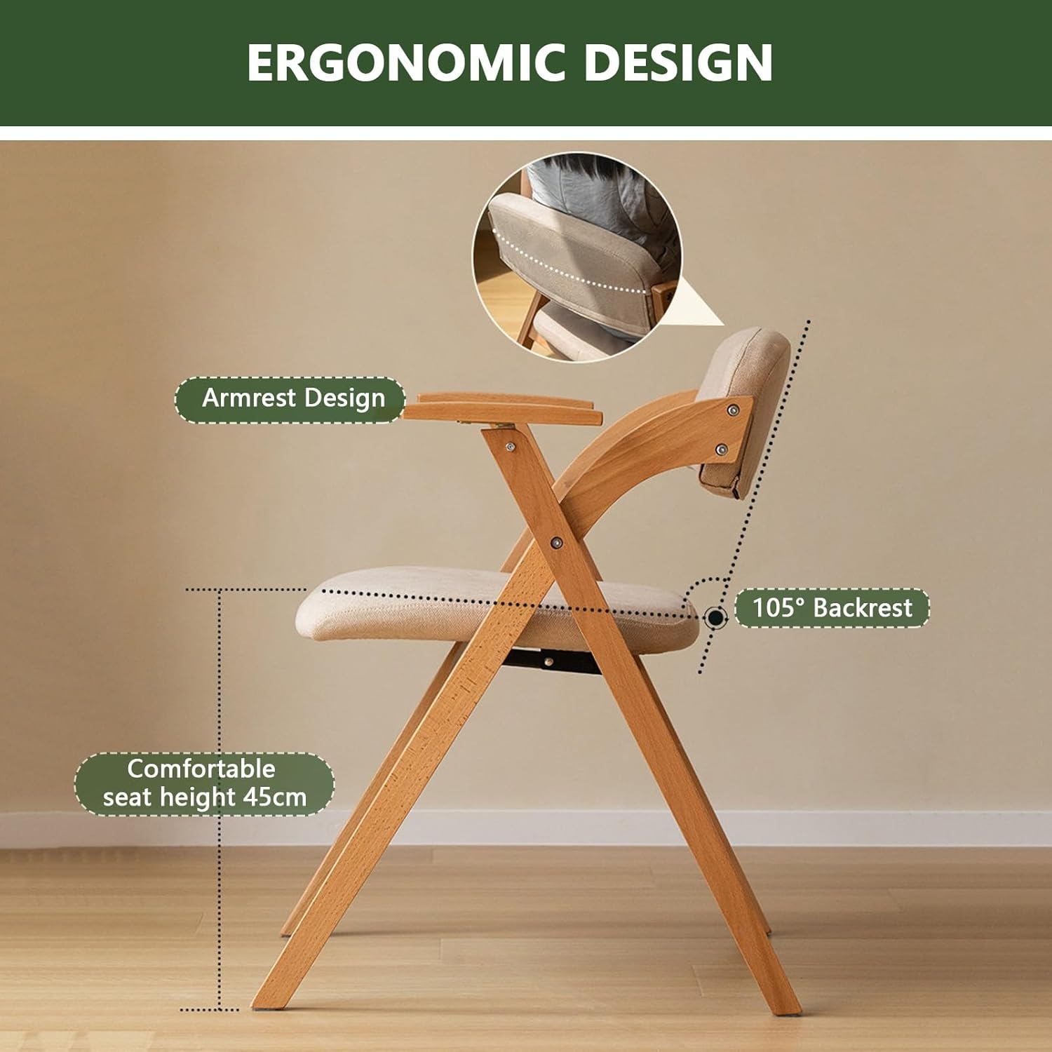 Folding Dining Chairs with Armrest, Wooden Foldable Chair with Padded Seats for Kitchen Office Wedding Party, Capacity 120kg(Dark Brown (Cotton Linen))