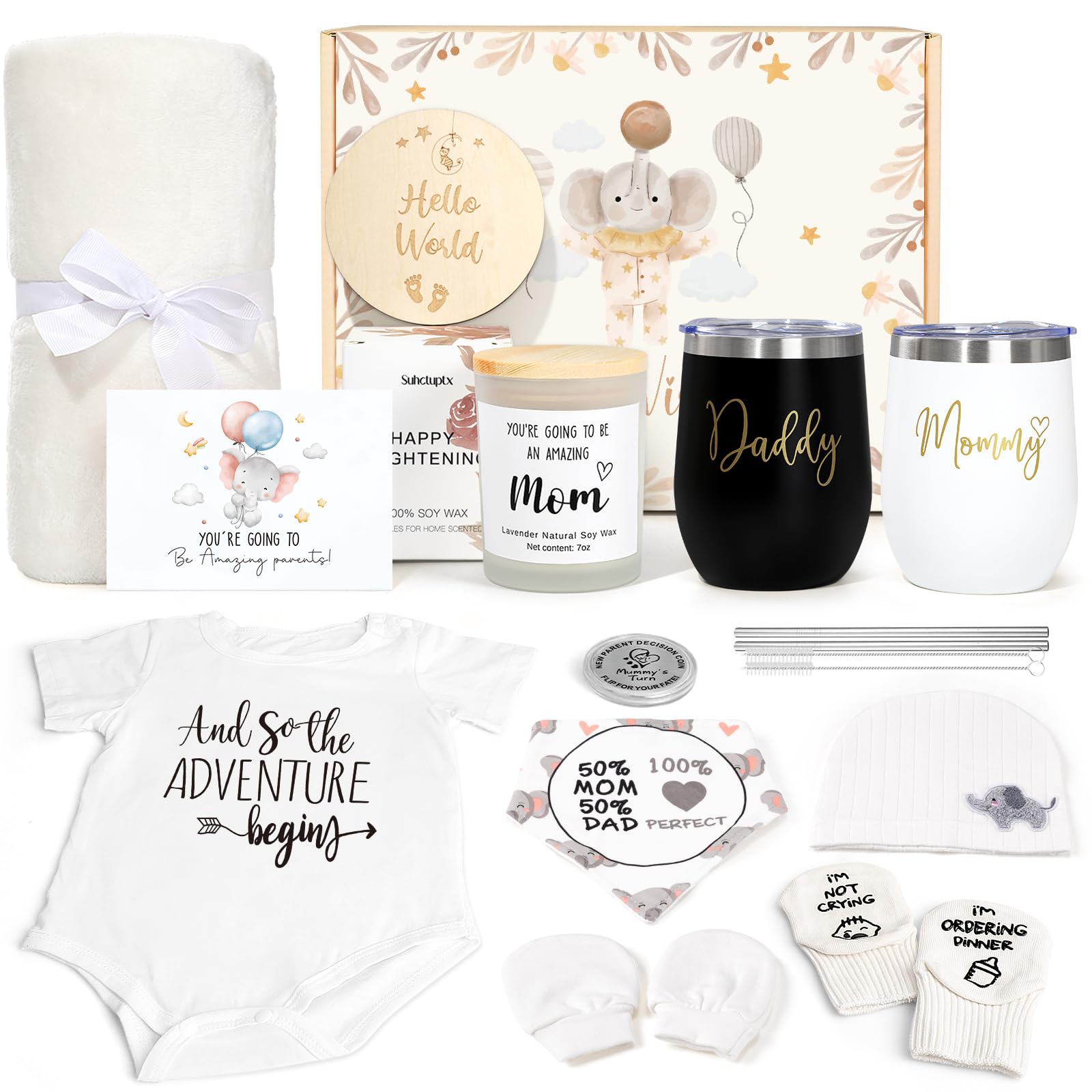 Regalos para nuevas mamás para mujeres, regalo de embarazo de lujo para nuevos padres, regalos de revelación de género, juegos de bebé de elefante con vaso para mamá, papá, artículos esenciales para