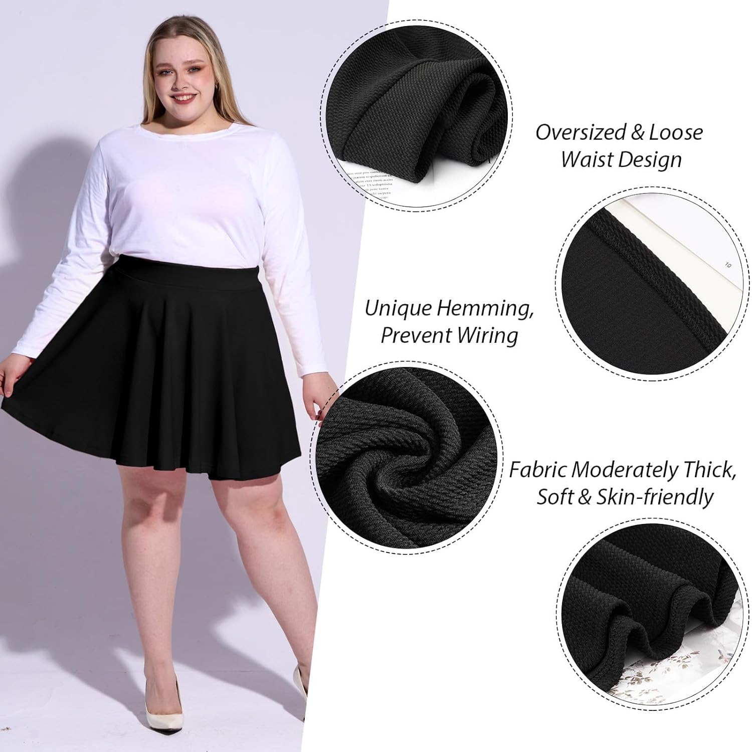 Moon Wood Plus Size Skater Skirt for Women Stretchy Flared Casual High Waisted Mini Skirt for Daily Theme Parks - Image 2