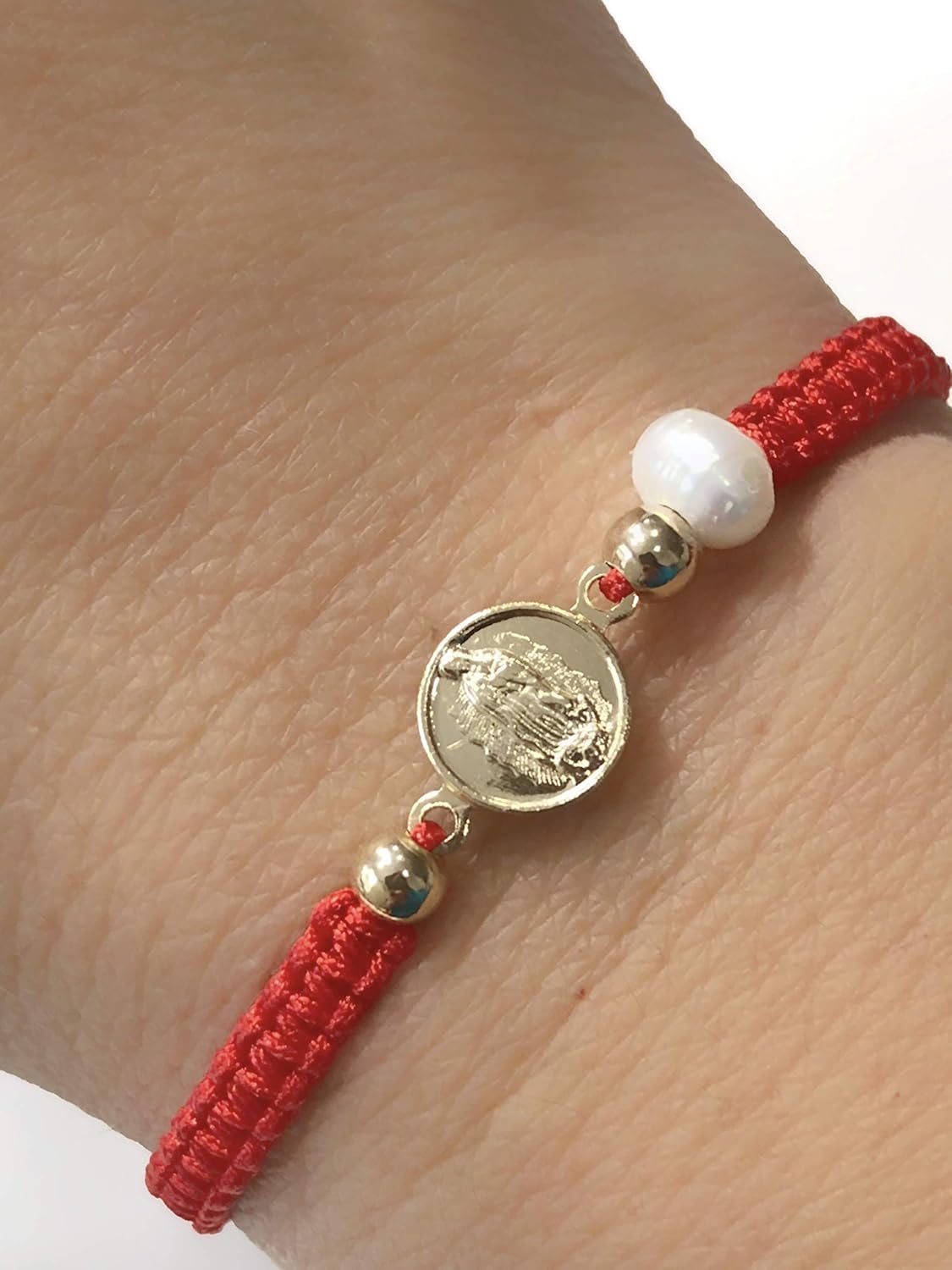 Our Lady of Guadalupe Medal and Dainty Cultured Fresh Father Pearl Adjustable Red String Bracelet Pulsera de la Virgen de Guadalupe para Mujeres - Image 6