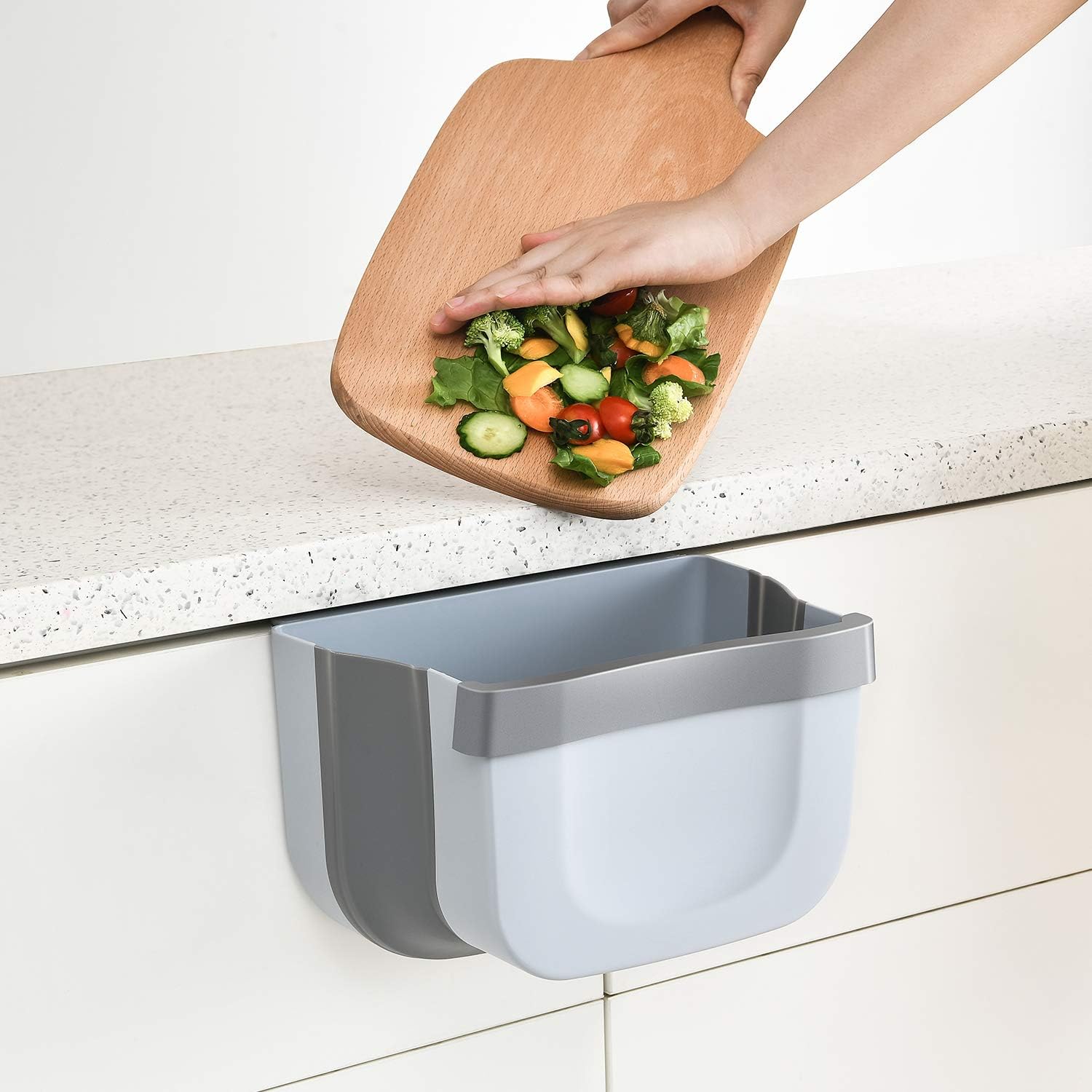 Subekyu Small Hanging Kitchen Trash Can, Collapsible Mini Garbage Bin for Cabinet/Car/Bedroom/Bathroom, Plastic, Grey, 2.4 Gallon: Home & Kitchen