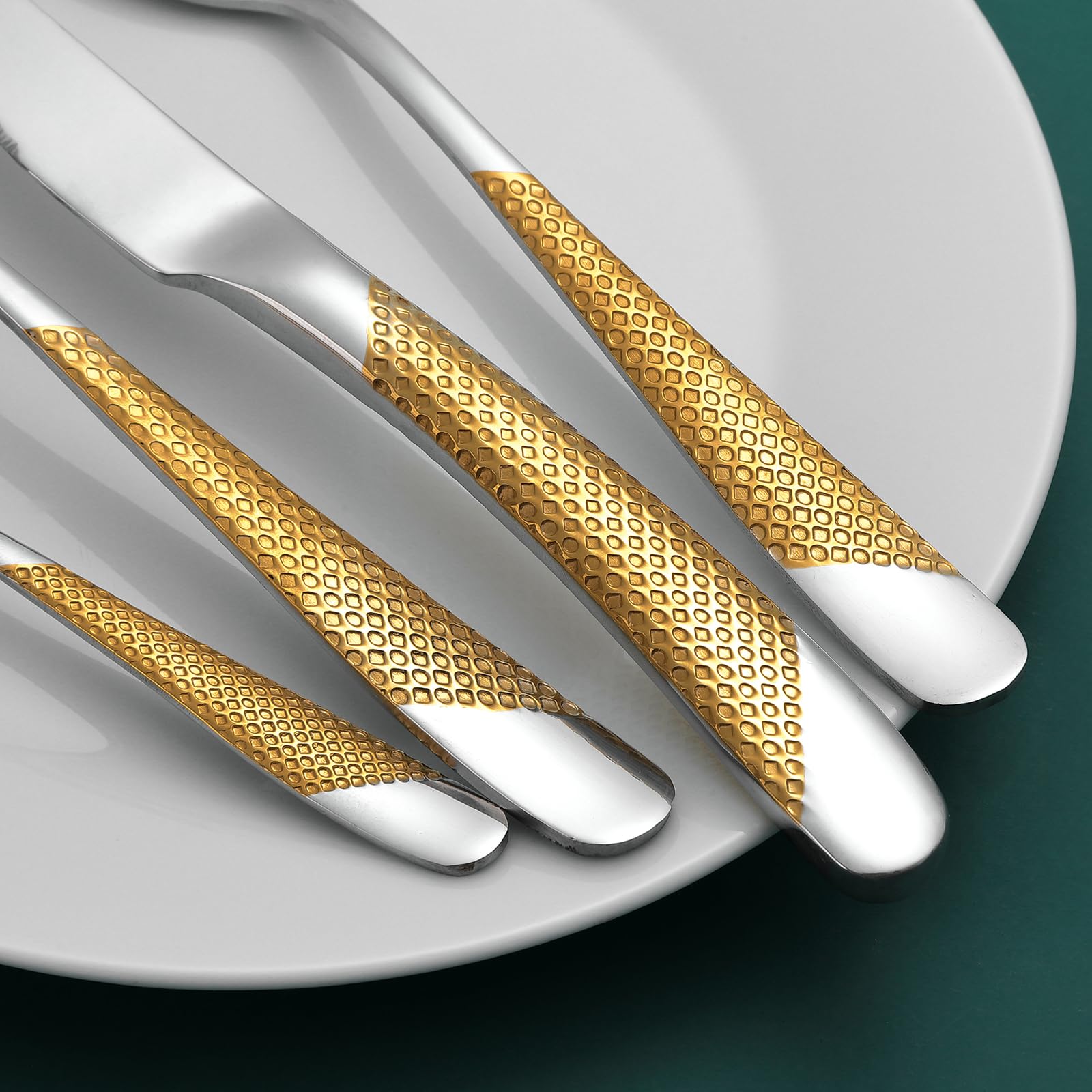24-teiliges gehämmertes Besteckset, 18/10 Edelstahlbesteck, Besteckset für 6 Personen, Messer-Gabel-Löffel-Set(Gold Silber)