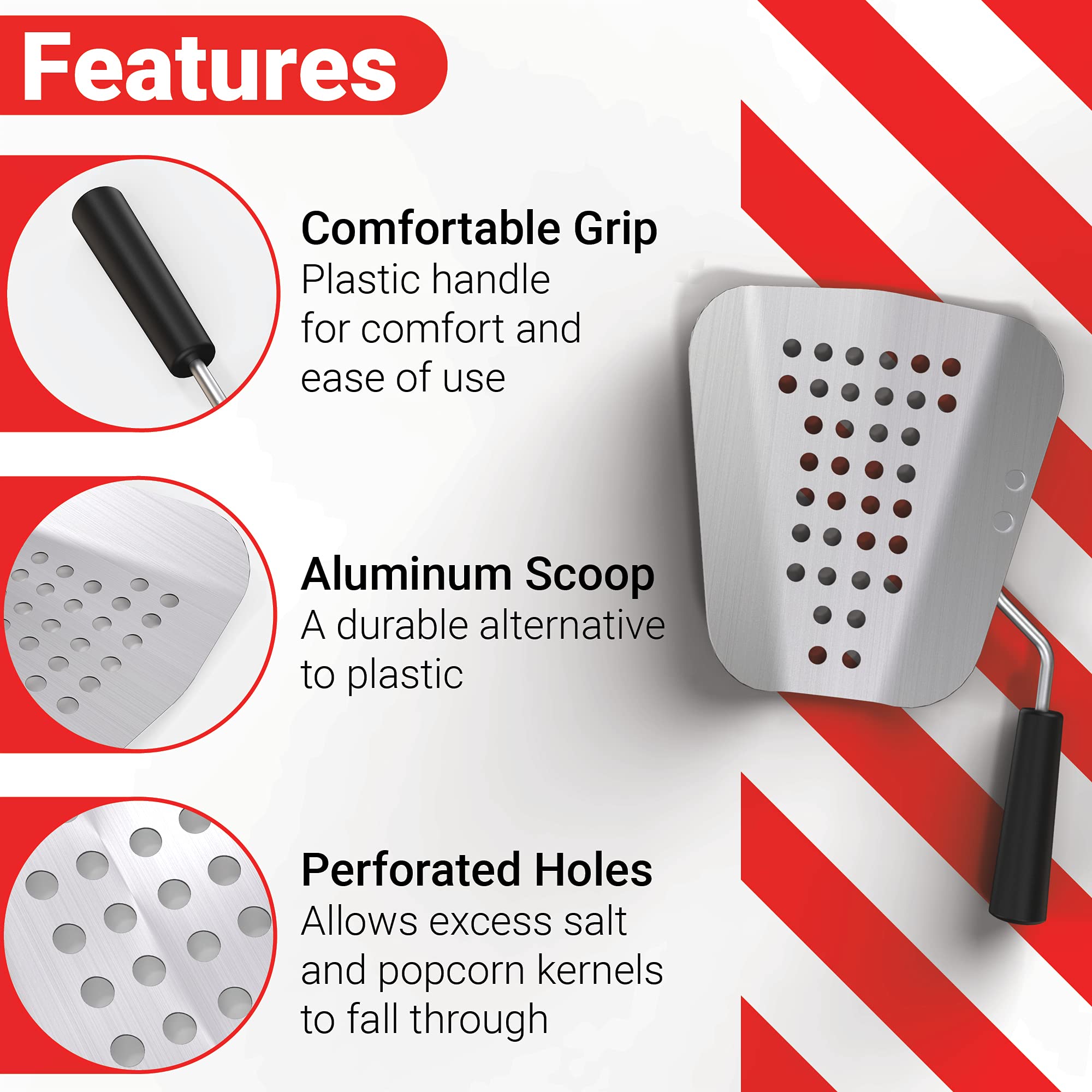 Poppy's Aluminum Popcorn Scoop Kernel Sifting Speed Scoop for