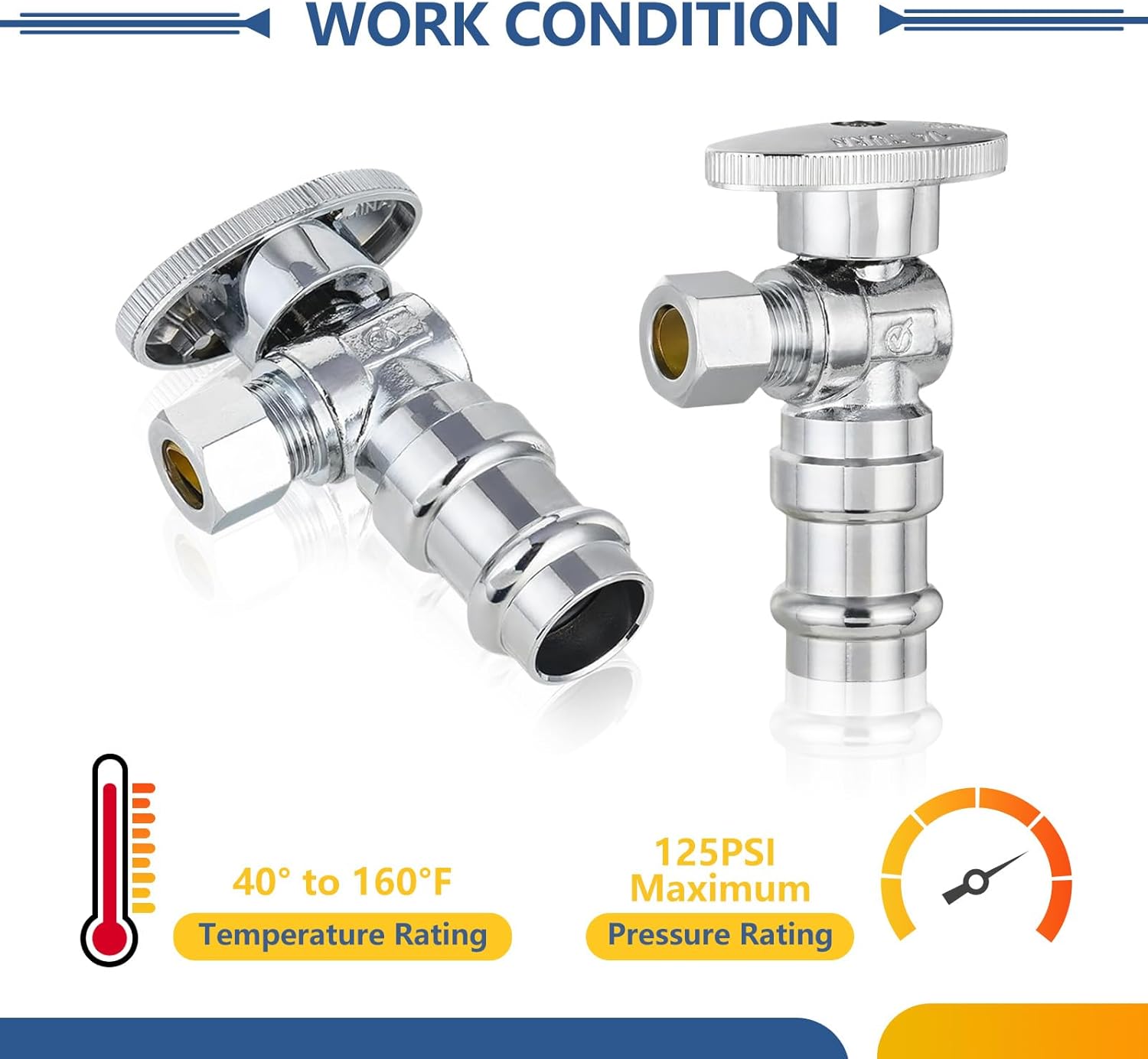 5-Pack GUOFIS Angle Stop Valve,1/2" Nominal Press Inlet x 3/8" OD Compression Outlet,1/4-Turn Shut-off Valve for Potable Water(Chrome Plated)(VALVE393-5Pack)