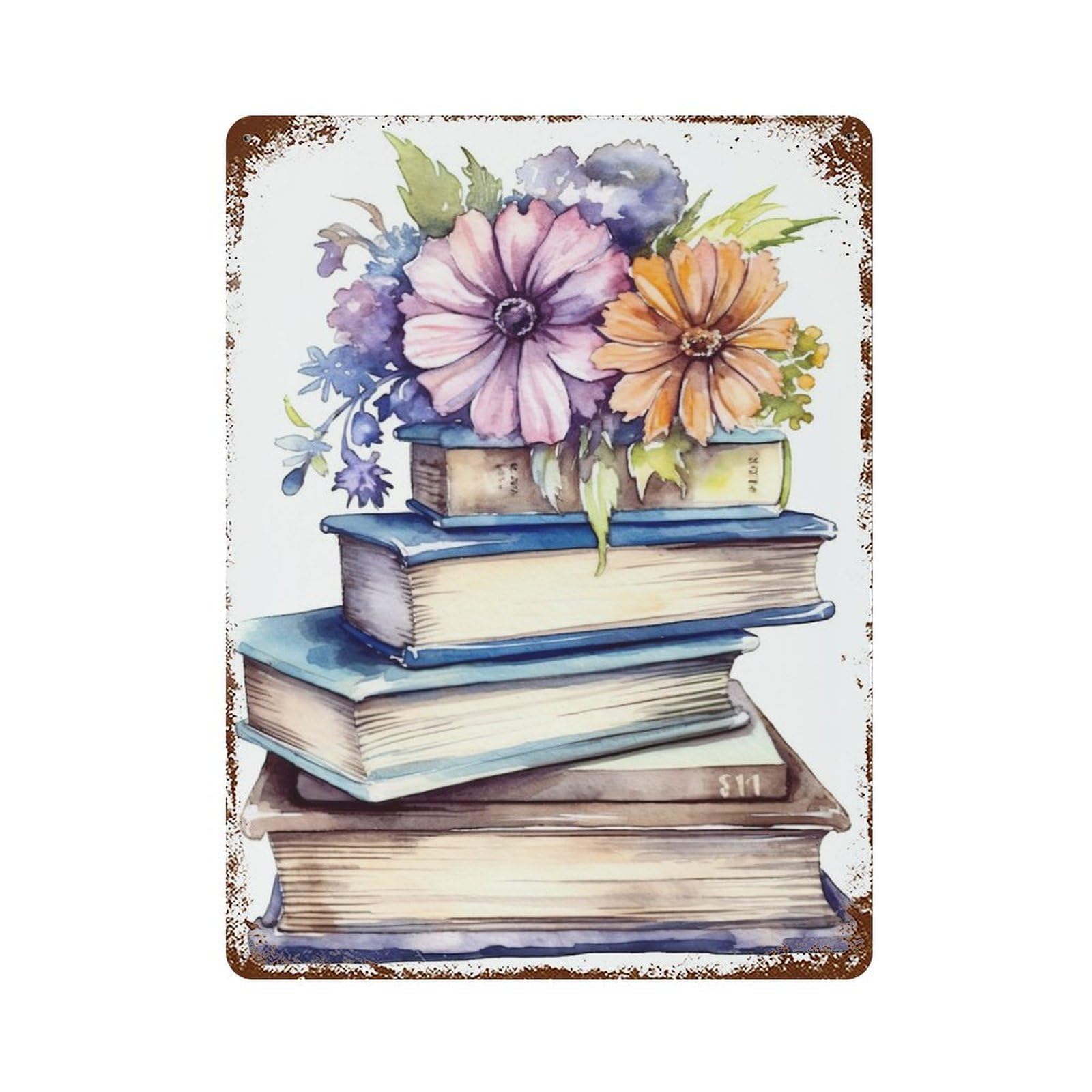 Watercolor Books Rustic Tin Plaque 15.7"x11.8", Farmhouse Wall Decor for Shed, Workshop And Garage Wall Decor