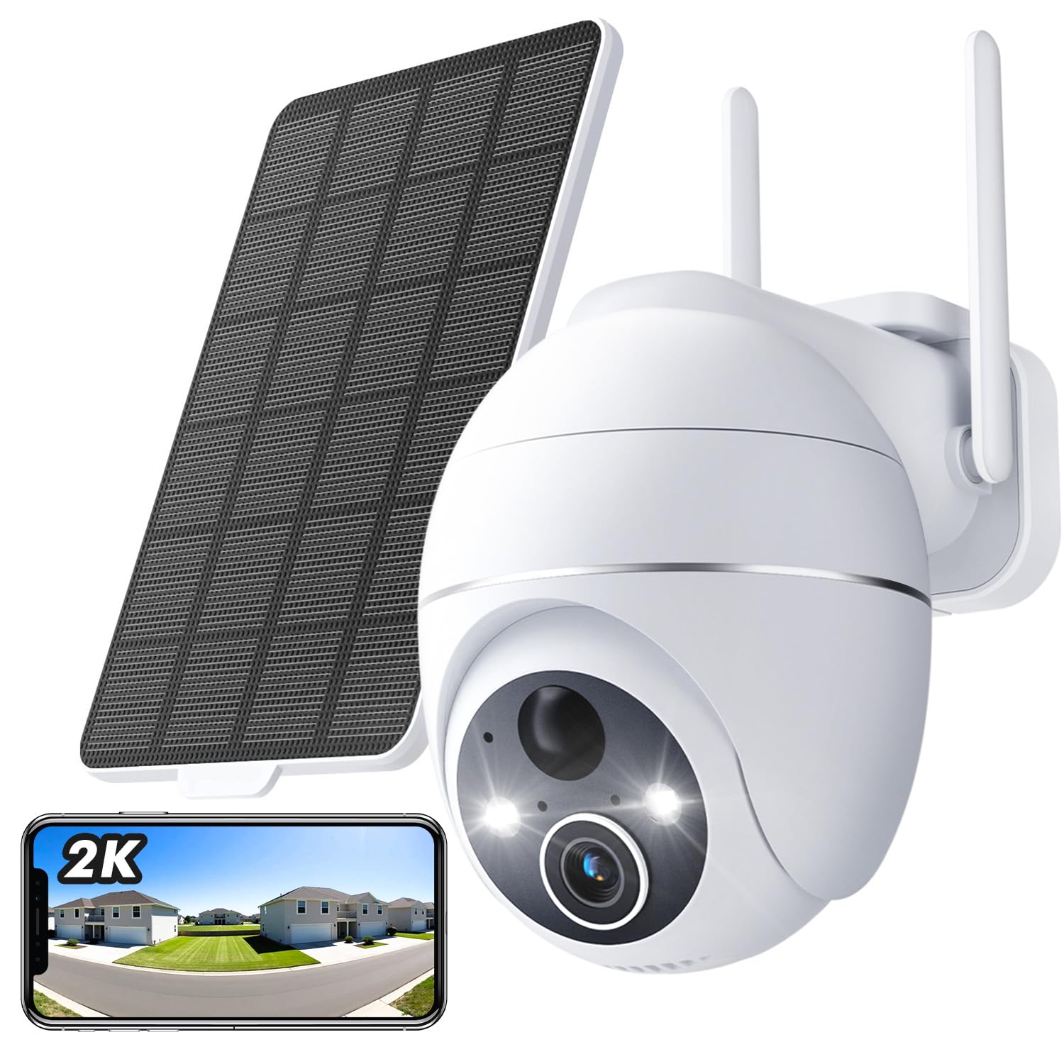 YESKAMOU 2K Cámara Vigilancia WiFi Exterior Solar,2.4Ghz Cámara Seguridad sin Cabler,360° PTZ,visión Nocturna de Color, Detección Humana PIR, Alarma de Luz y Sonido,Audio Bidireccional (Blanco)