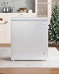 TABU 5 Cu.Ft Chest Freezer for Garage-Ready RV Home Office, White | Top Opening Deep Freezer with 7 Adjustable Thermostat,Removable Basket,Compact, Durable,Space-Saving Design
