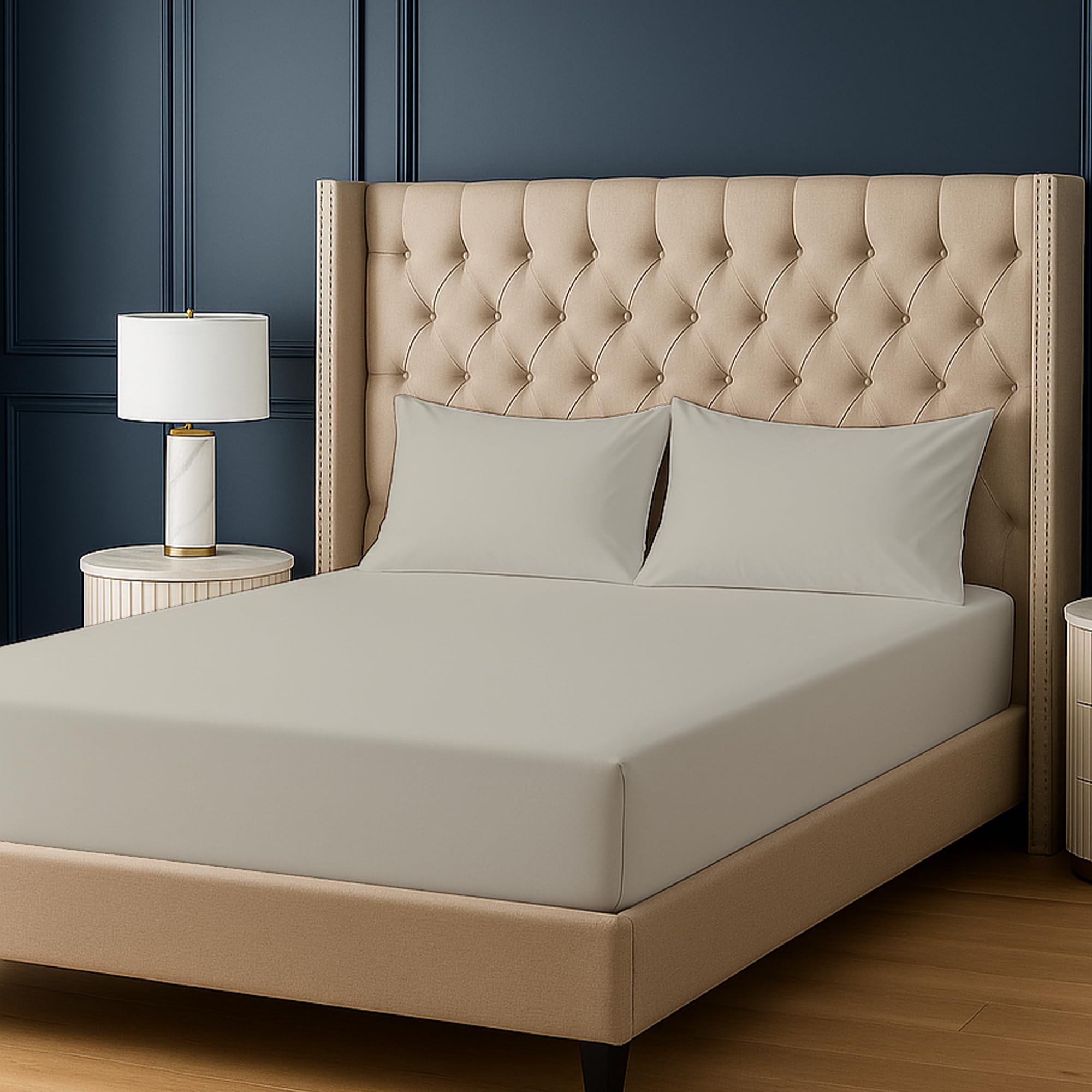 Bloombedding Cream 100% Egyptian Cotton 400Tc 3Pc Double Fitted Sheet Set, 40Cm Deep Pocket