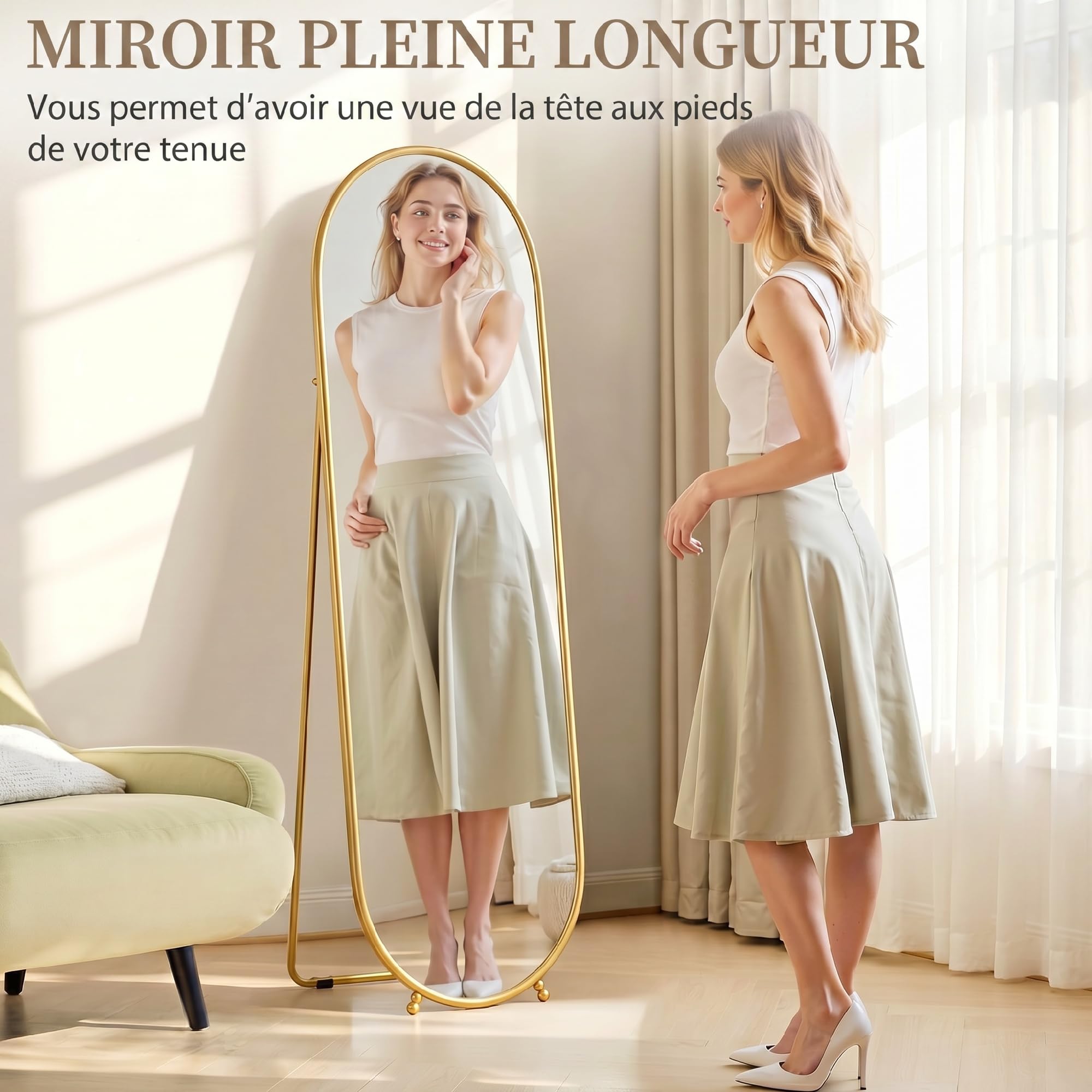 HOMCOM Grand Miroir sur Pied Ovale Cadre en métal doré 40 x 160 cm