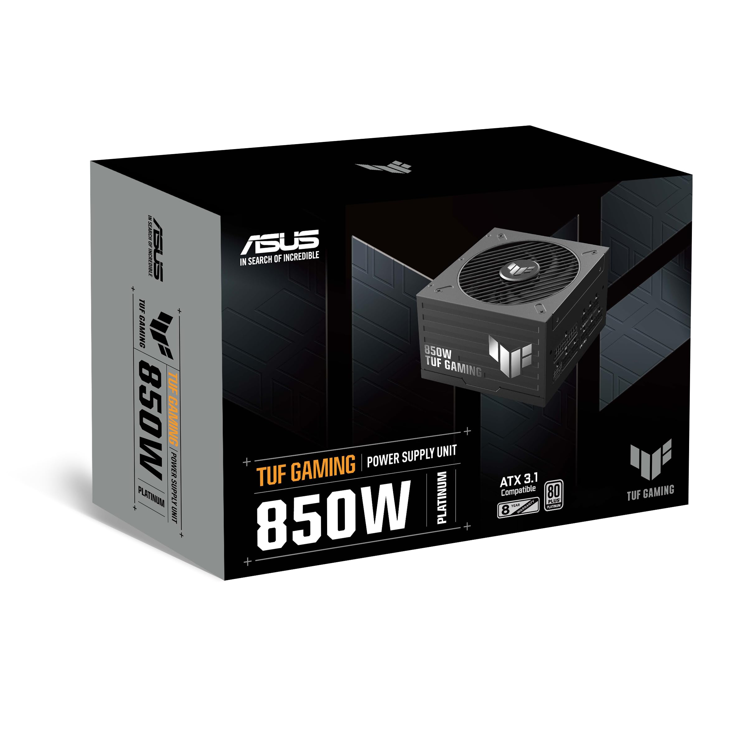 ASUS TUF Gaming 850 W Platinum Gaming zasilacz sieciowy (850 W, wentylator z podwójnym łożyskiem kulkowym, kompatybilny z ATX 3.1 i PCIe 5.1, certyfikat 80 Plus Platinum, trawiony kabel, czarny)