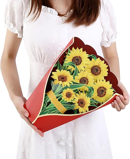 3D Pop Up Sunflower Bouquet Paper Flowers Cards,12 inch Life Sized Forever Flower Bouquet Birthday Gift Greeting Cards with Note Card for Women Girls Wife Mom Lovers Friend